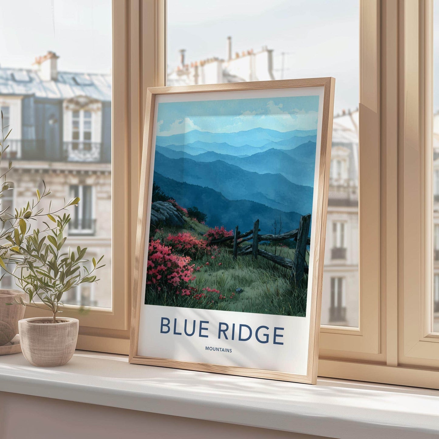Blue Ridge Mountains Poster - North Carolina Scenic Art - Pink floral fence Home Decor
