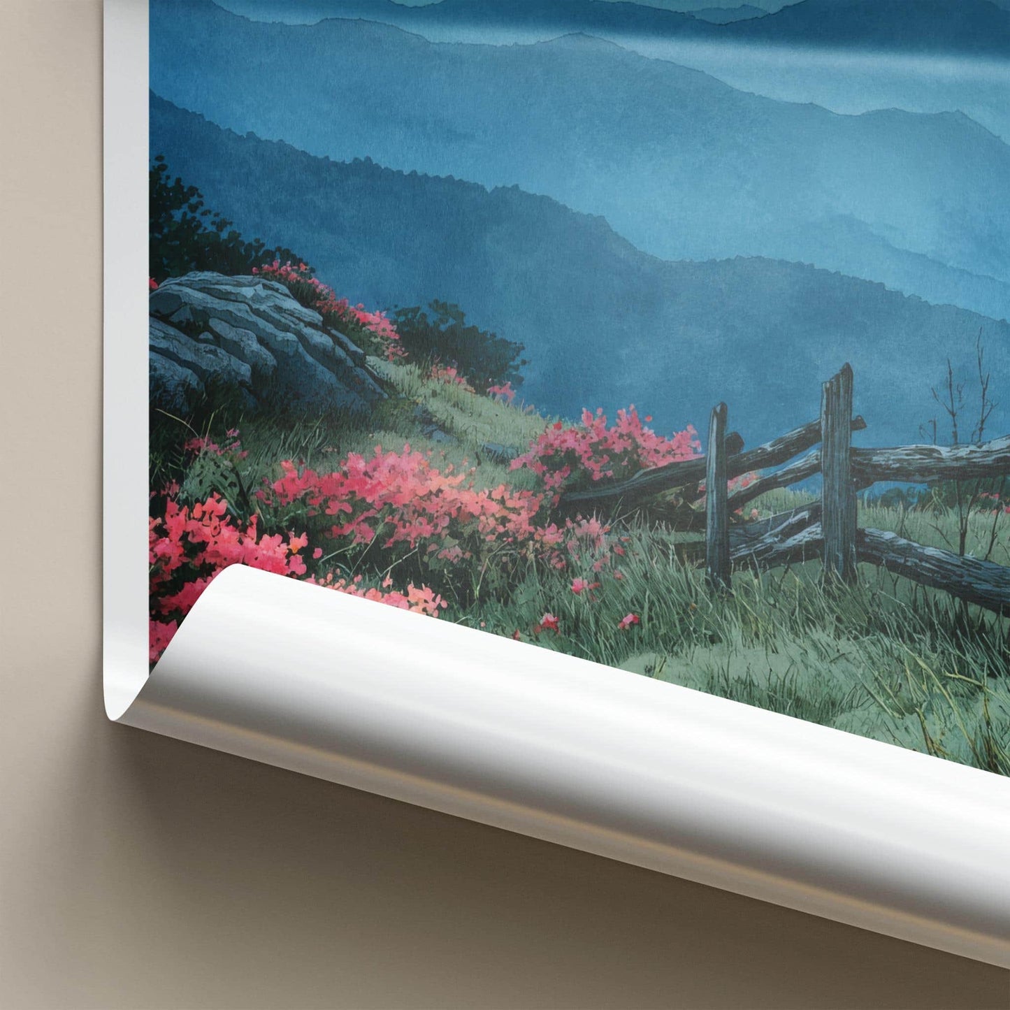 Blue Ridge Mountains Poster - North Carolina Scenic Art - Pink floral fence Home Decor