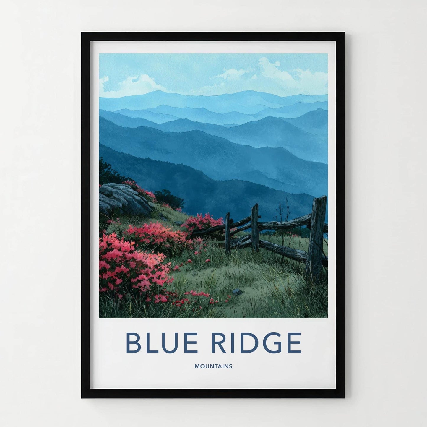 Blue Ridge Mountains Poster - North Carolina Scenic Art - Pink floral fence Home Decor