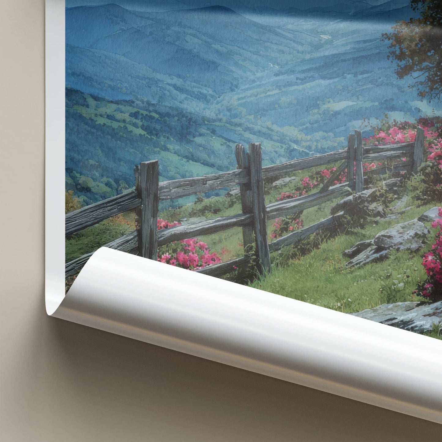 Blue Ridge Poster - North Carolina Travel Art - Fencing Hillside Blooms Home Decor