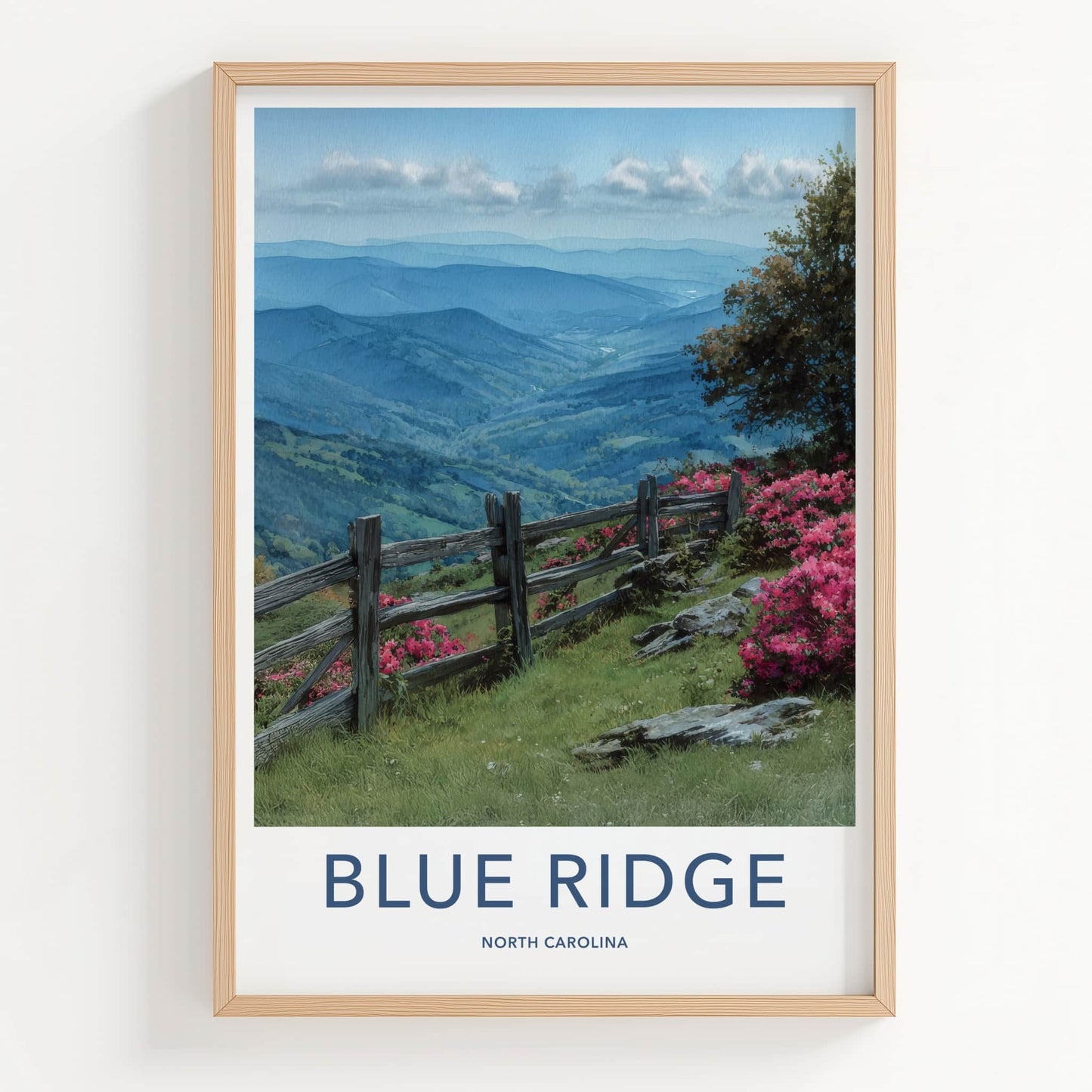 Blue Ridge Poster - North Carolina Travel Art - Fencing Hillside Blooms Home Decor