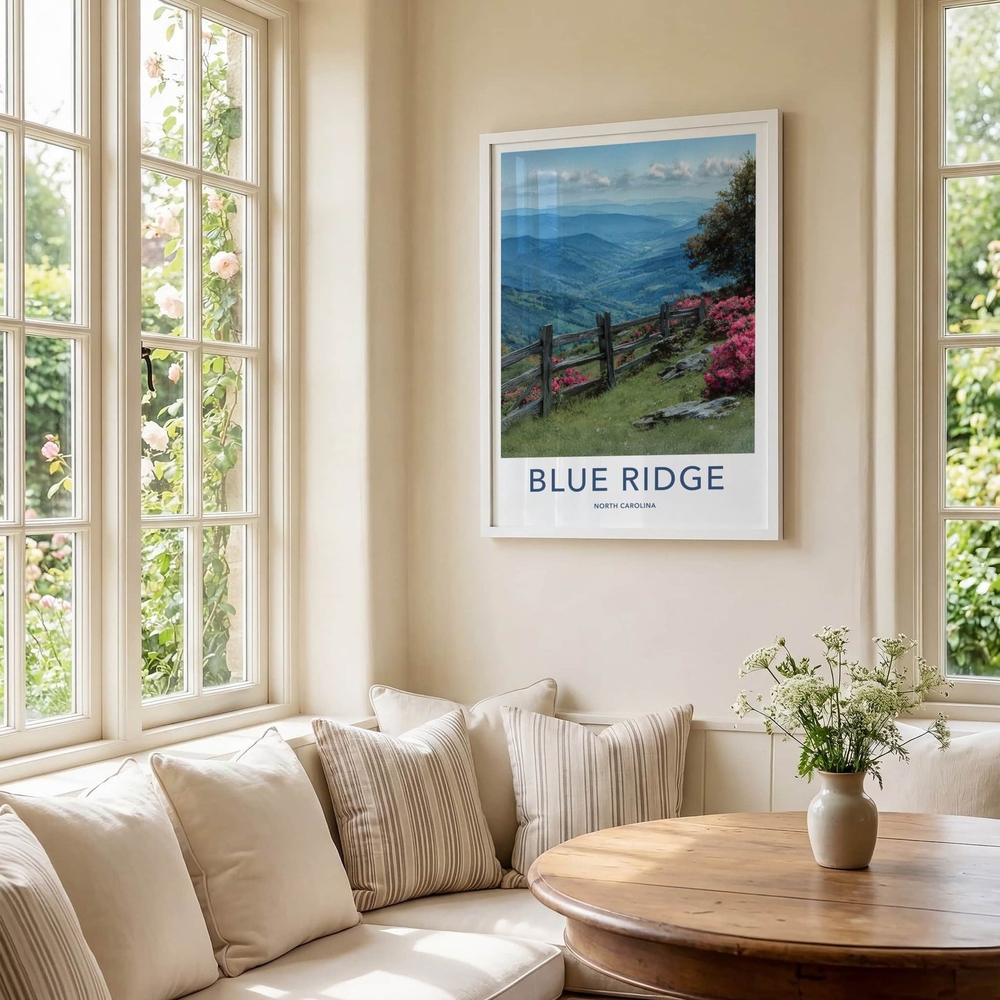 Blue Ridge Poster - North Carolina Travel Art - Fencing Hillside Blooms Home Decor