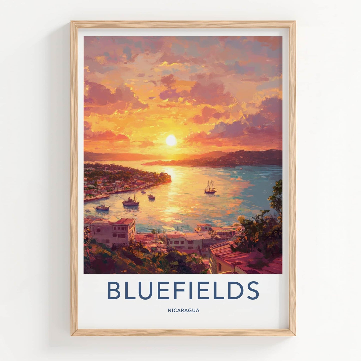 Bluefields Poster - Nicaragua Travel Art - Coastal Town Sunset Home Decor