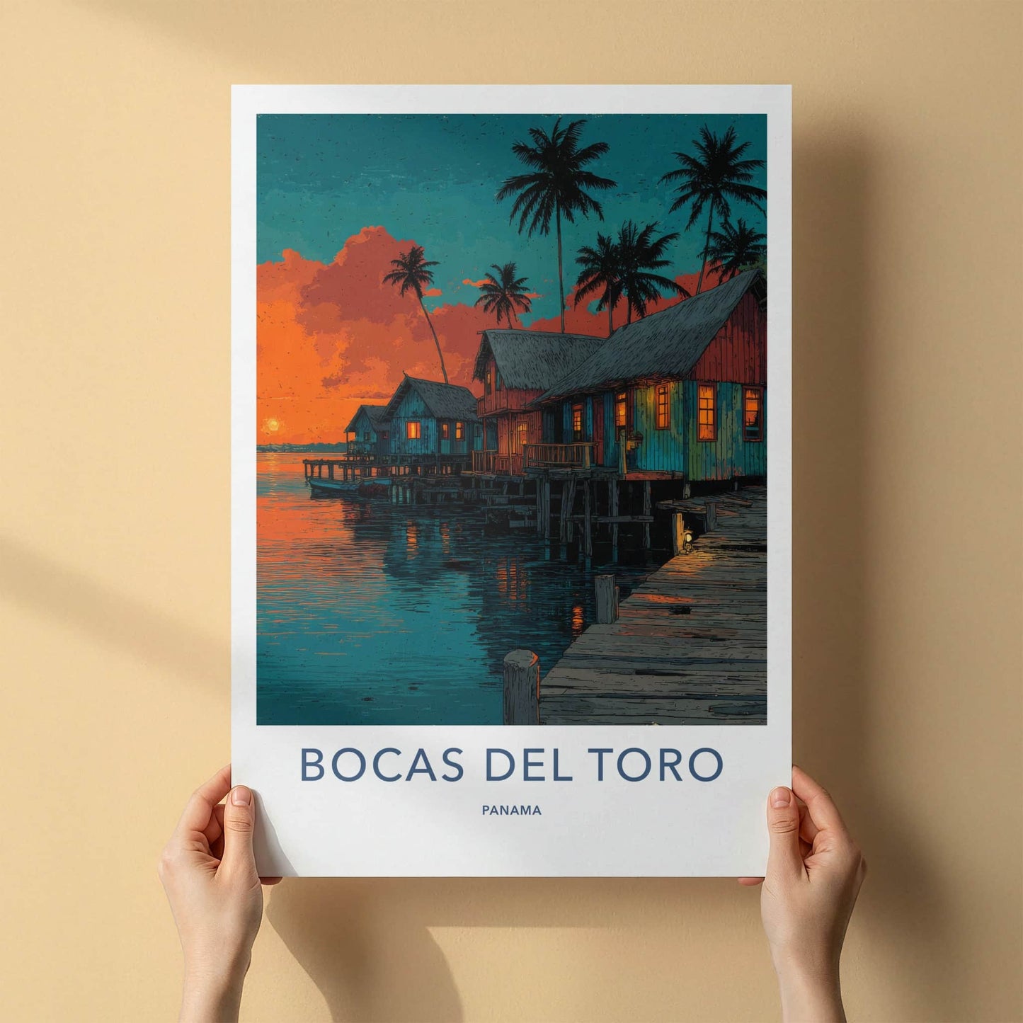 Bocas del Toro Poster - Panama Travel Art - Stilt Houses Sunset Wall Decor