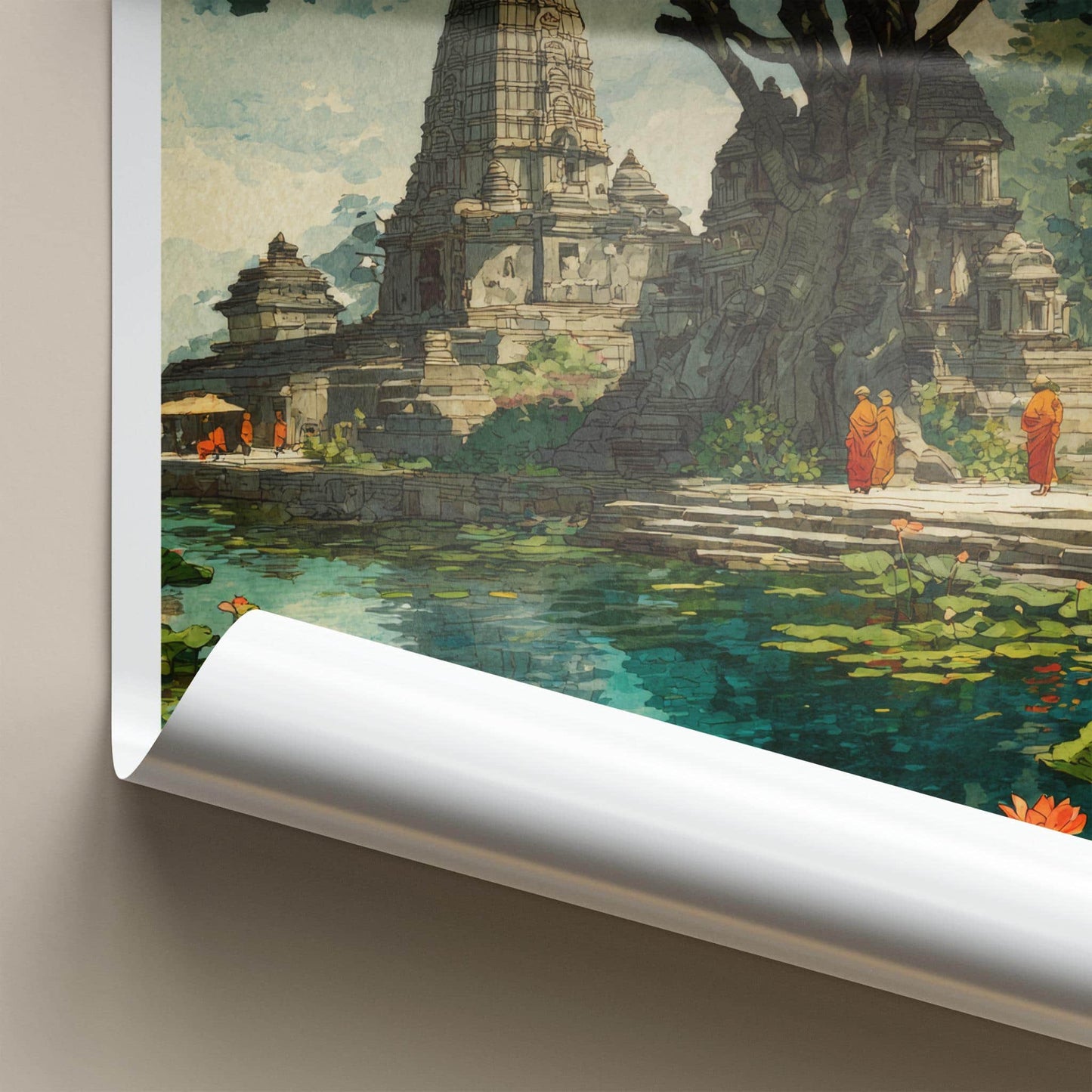 Bodh Gaya Poster - India Travel Art - Bihar Ancient Temple Pond Home Decor