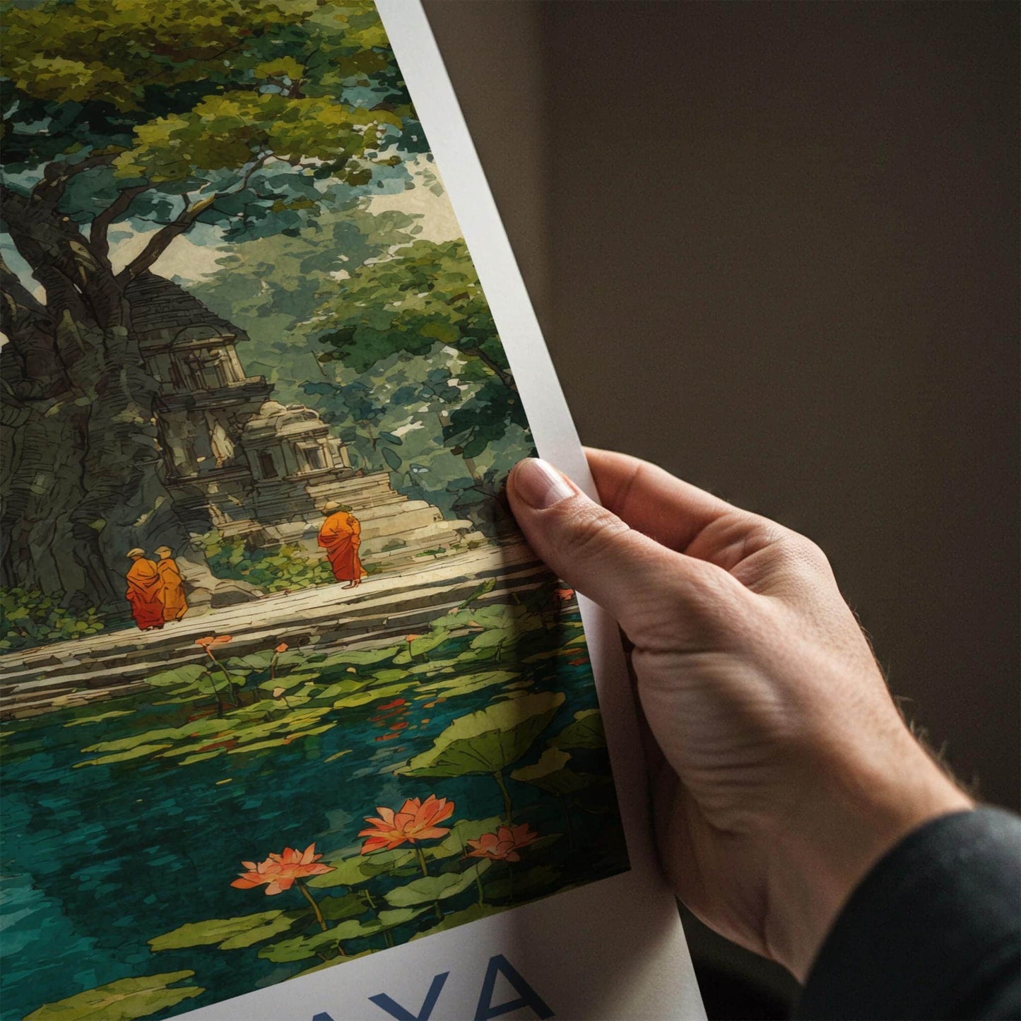 Bodh Gaya Poster - India Travel Art - Bihar Ancient Temple Pond Home Decor