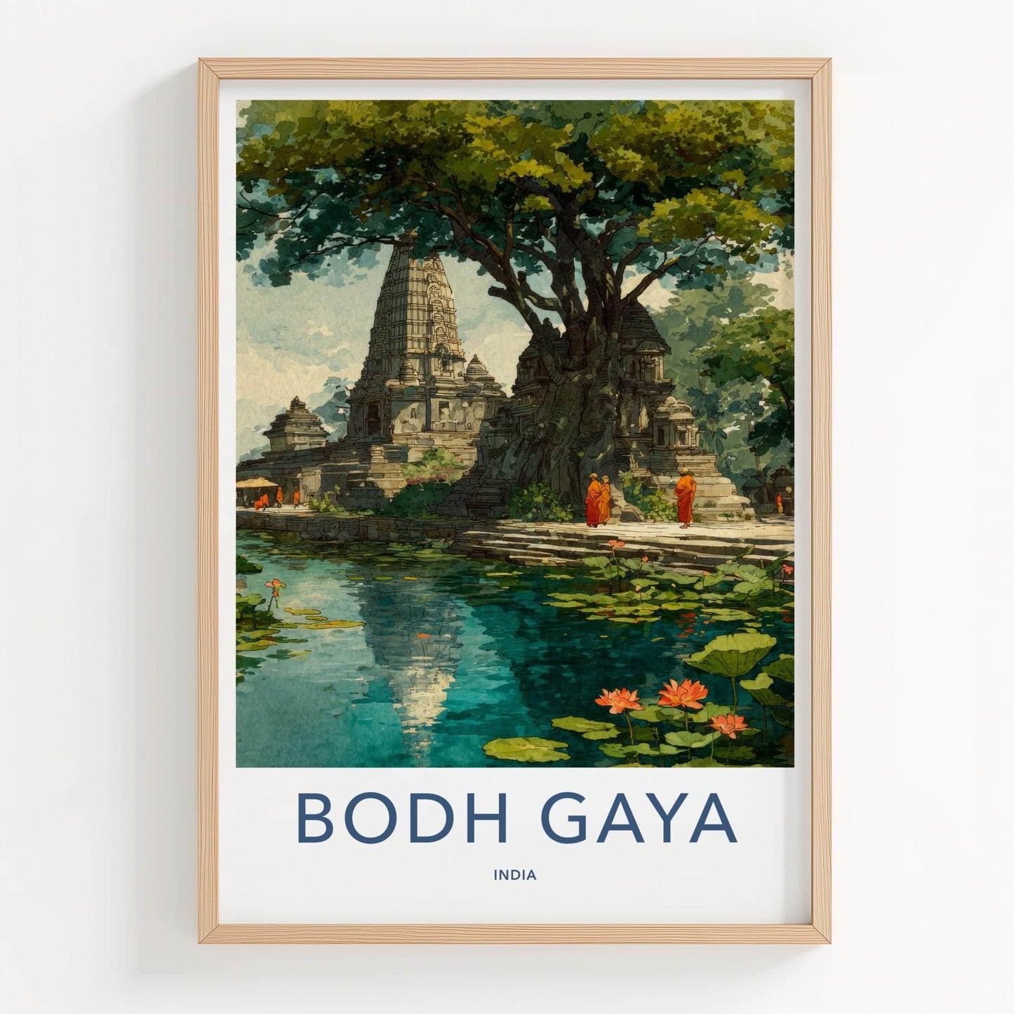 Bodh Gaya Poster - India Travel Art - Bihar Ancient Temple Pond Home Decor