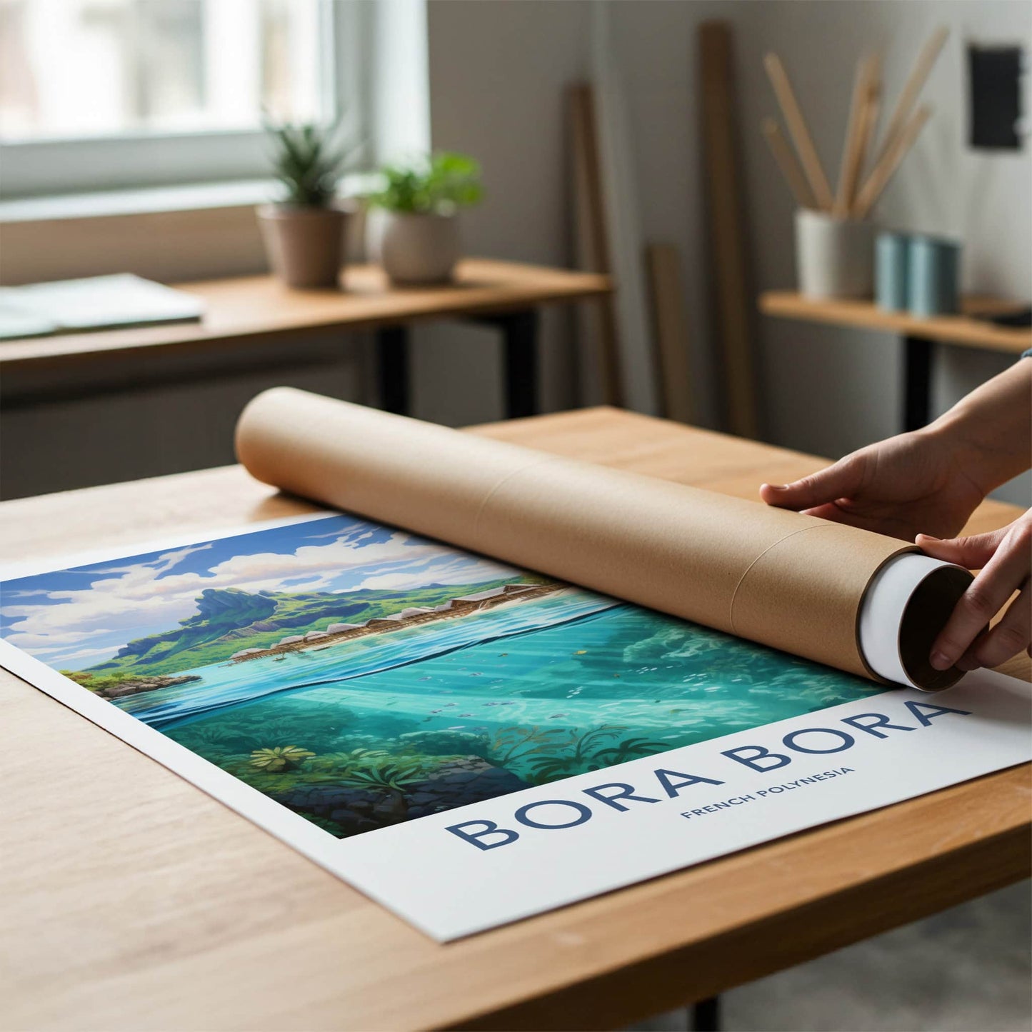 Bora Bora Poster - French Polynesia Travel Art - Overwater Huts Ocean Home Decor