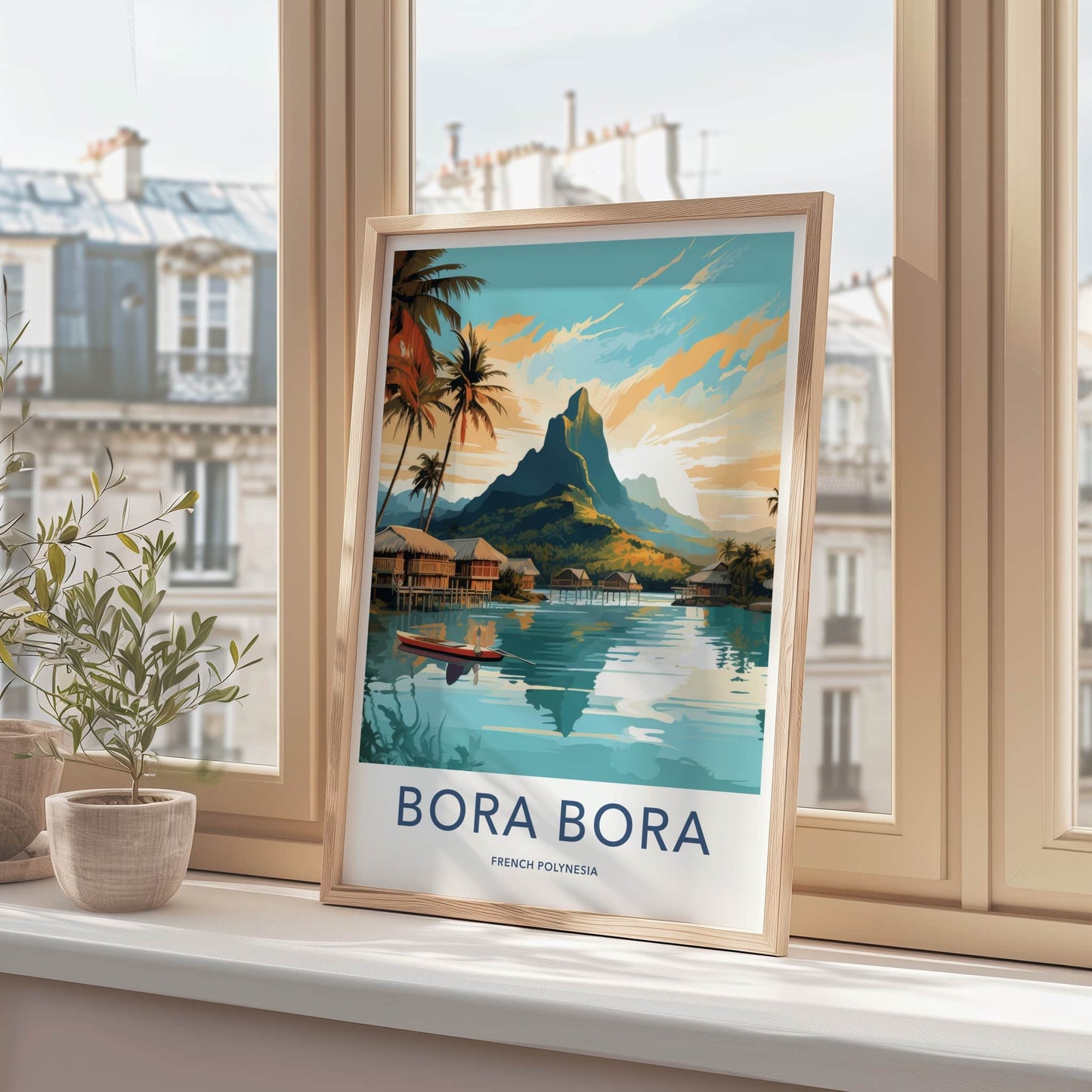 Bora Bora Poster - French Polynesia Travel Print - Overwater Bungalow Scene Home Decor