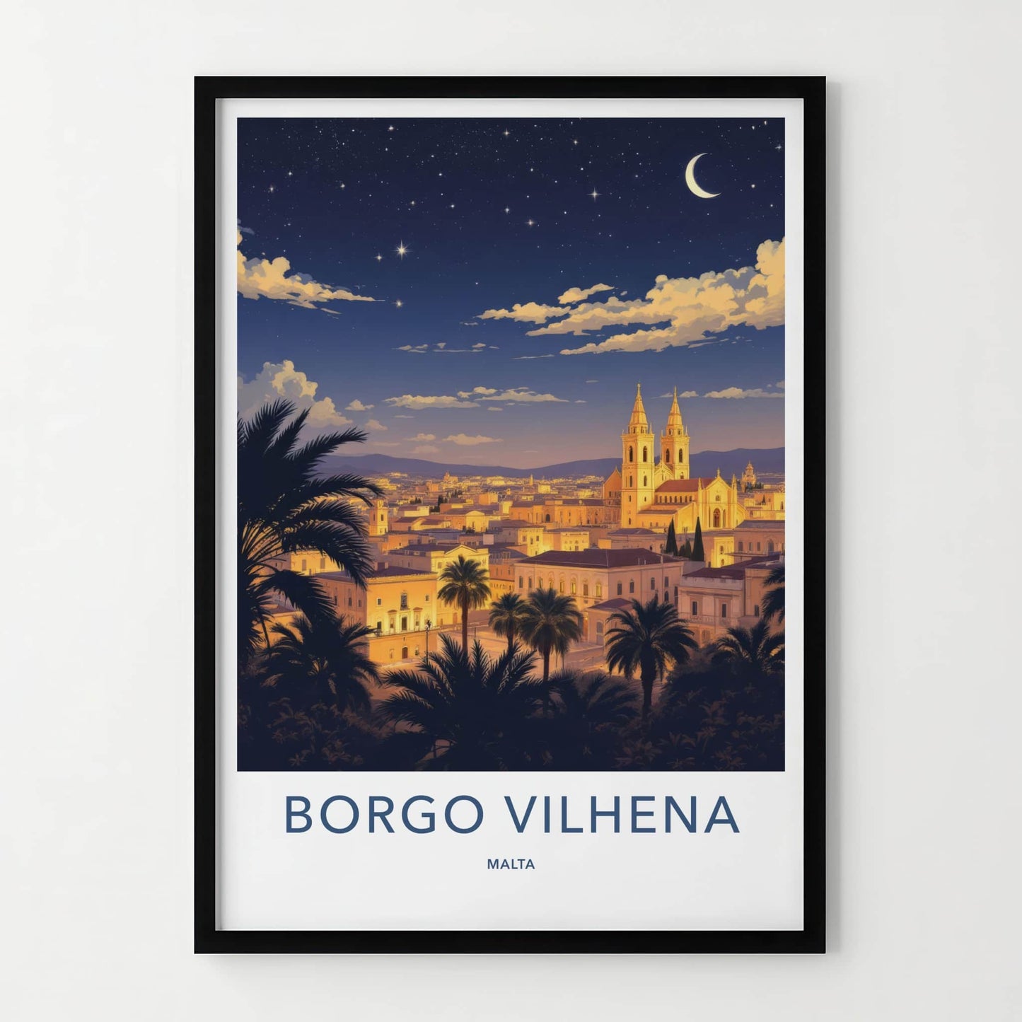 Borgo Vilhena Poster - Malta Travel Art - Moonlit Cityscape Home Decor