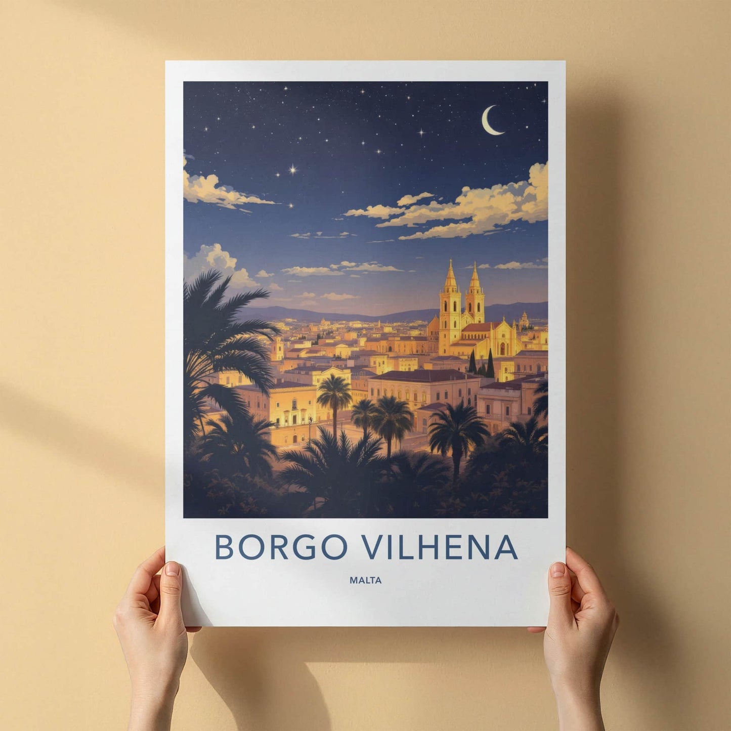 Borgo Vilhena Poster - Malta Travel Art - Moonlit Cityscape Home Decor