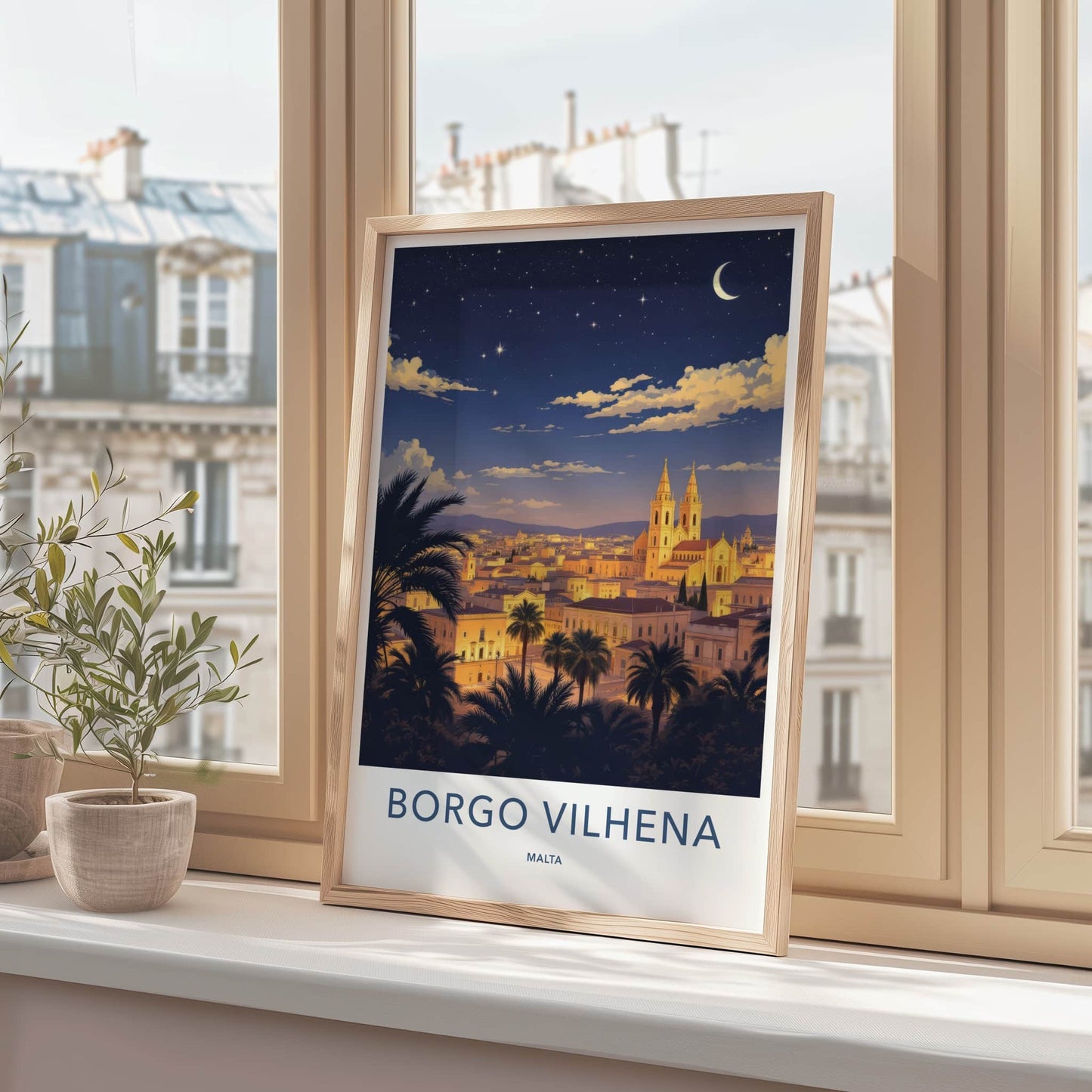 Borgo Vilhena Poster - Malta Travel Art - Moonlit Cityscape Home Decor