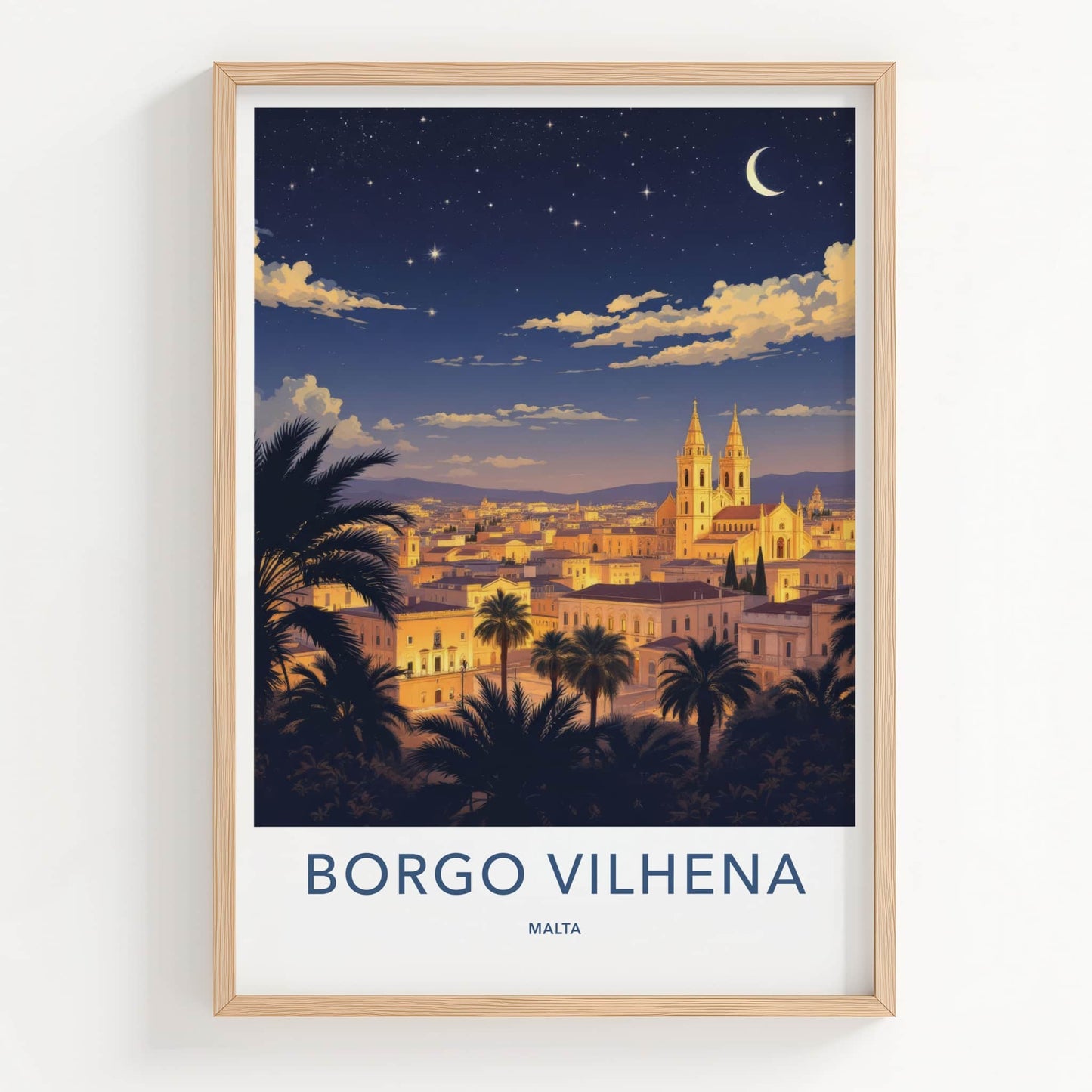 Borgo Vilhena Poster - Malta Travel Art - Moonlit Cityscape Home Decor