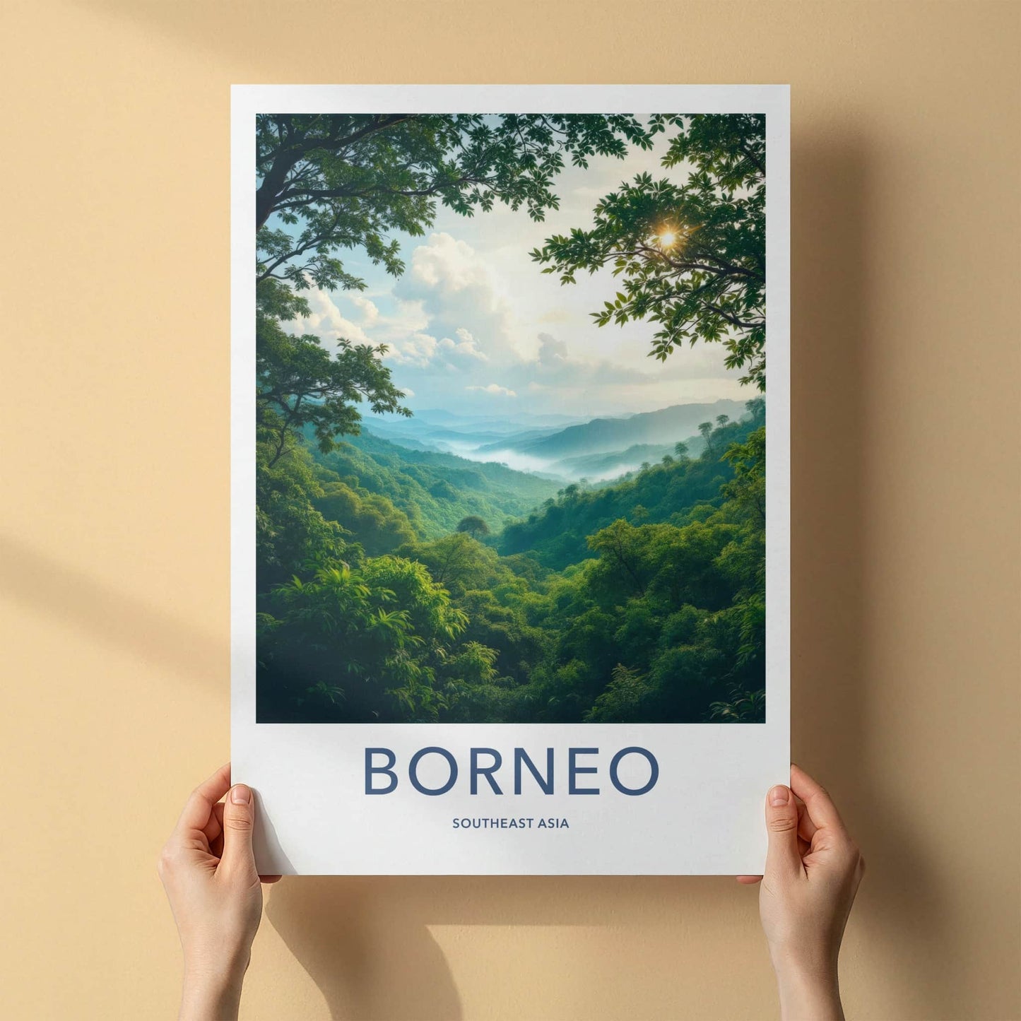 Borneo Poster - Indonesia Travel Art - Misty Green Valleys Home Decor