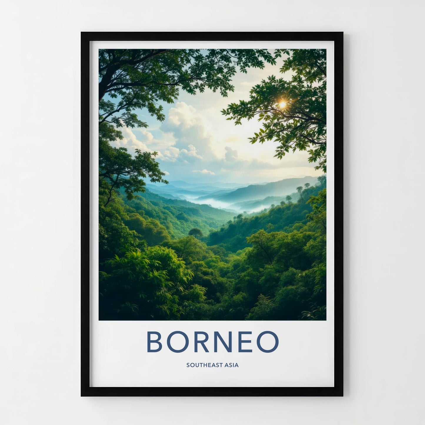 Borneo Poster - Indonesia Travel Art - Misty Green Valleys Home Decor