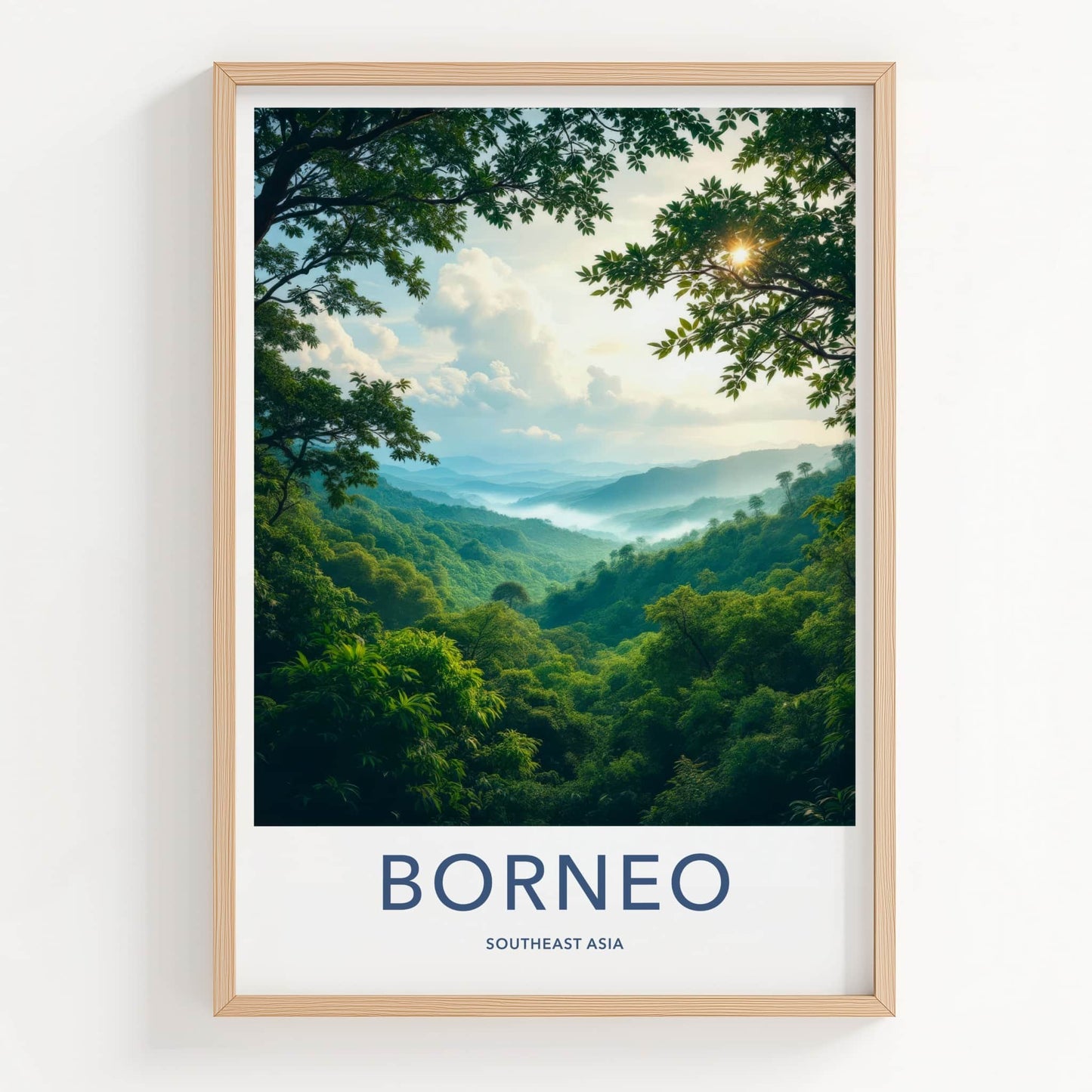 Borneo Poster - Indonesia Travel Art - Misty Green Valleys Home Decor