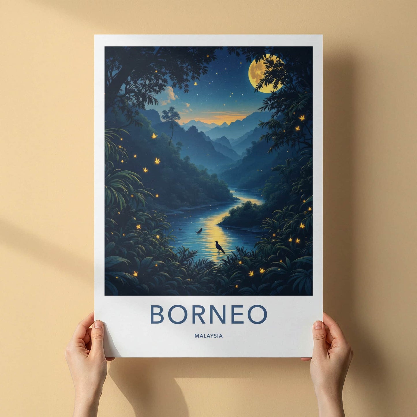Borneo Poster - Malaysia Art Print - Moonlit River Glow Wall Decor