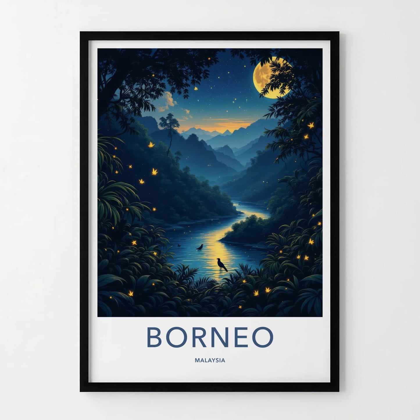 Borneo Poster - Malaysia Art Print - Moonlit River Glow Wall Decor