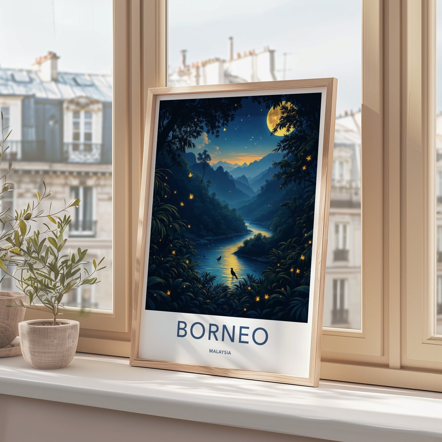 Borneo Poster - Malaysia Art Print - Moonlit River Glow Wall Decor
