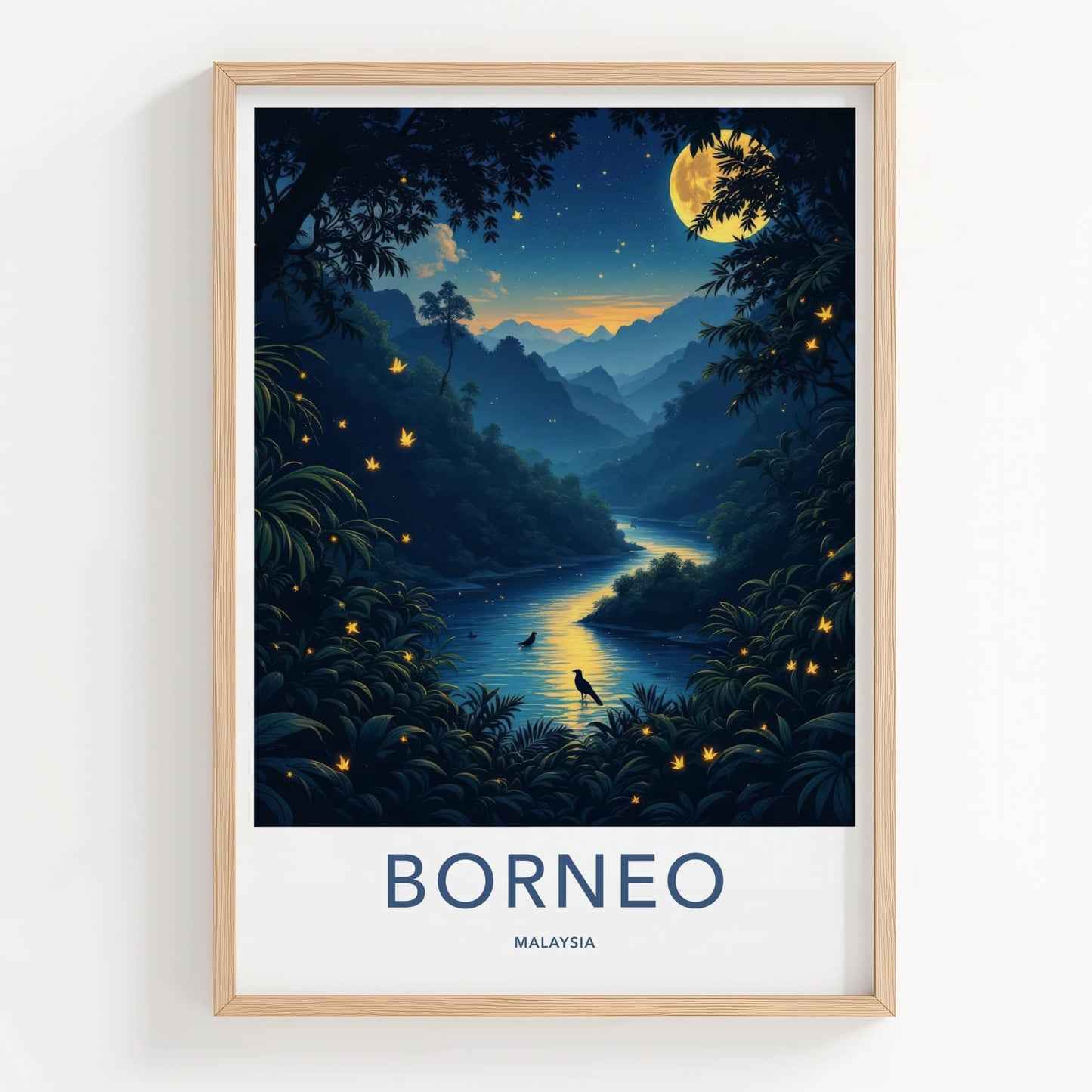 Borneo Poster - Malaysia Art Print - Moonlit River Glow Wall Decor