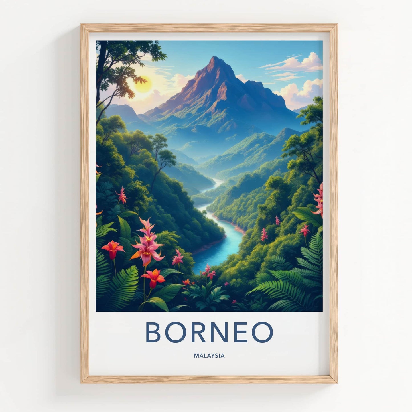 Borneo Poster - Malaysia Travel Art - Lush Mountain River Home Decor
