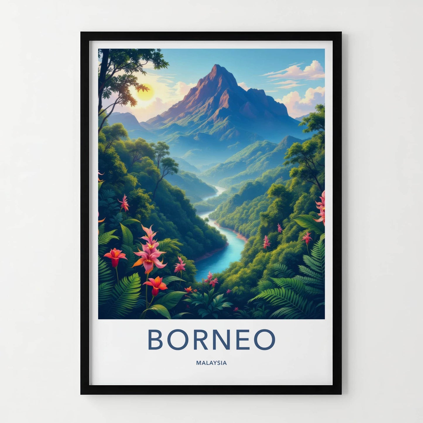 Borneo Poster - Malaysia Travel Art - Lush Mountain River Home Decor