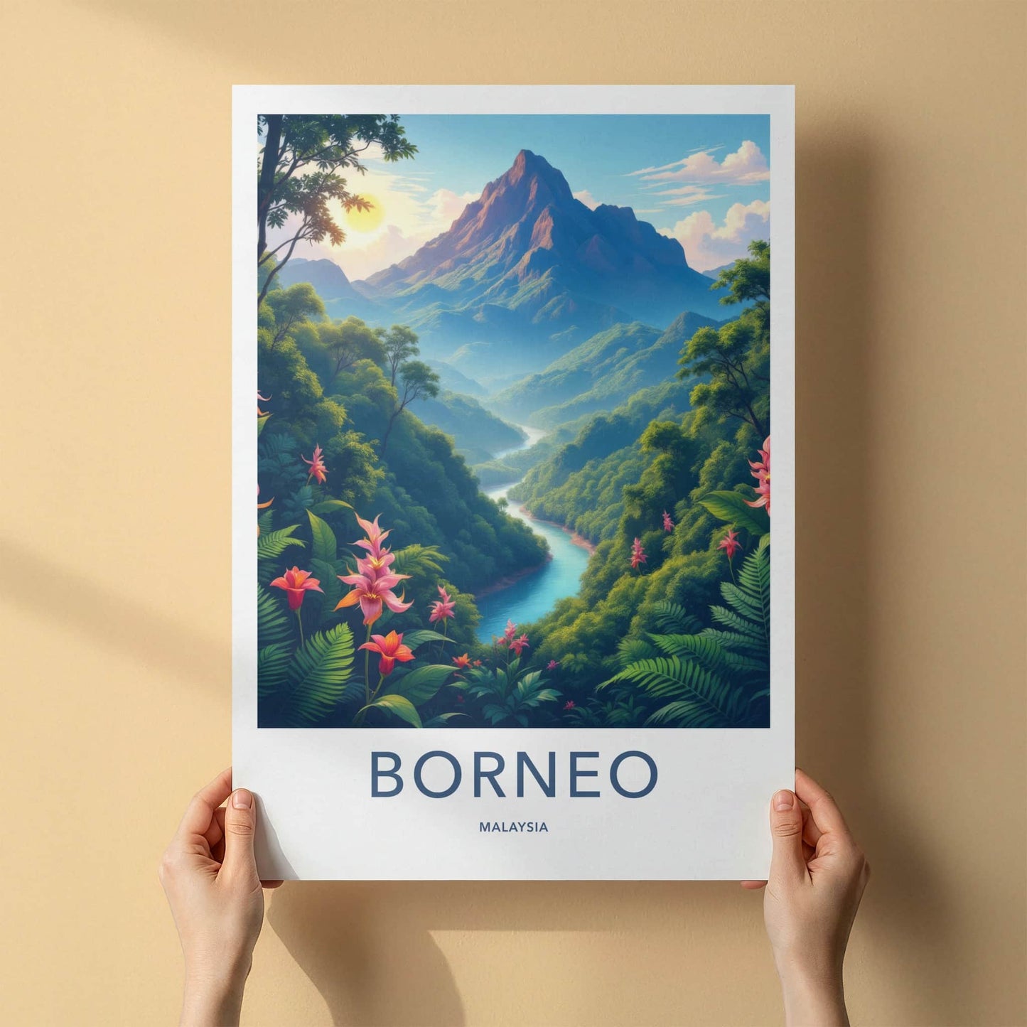Borneo Poster - Malaysia Travel Art - Lush Mountain River Home Decor