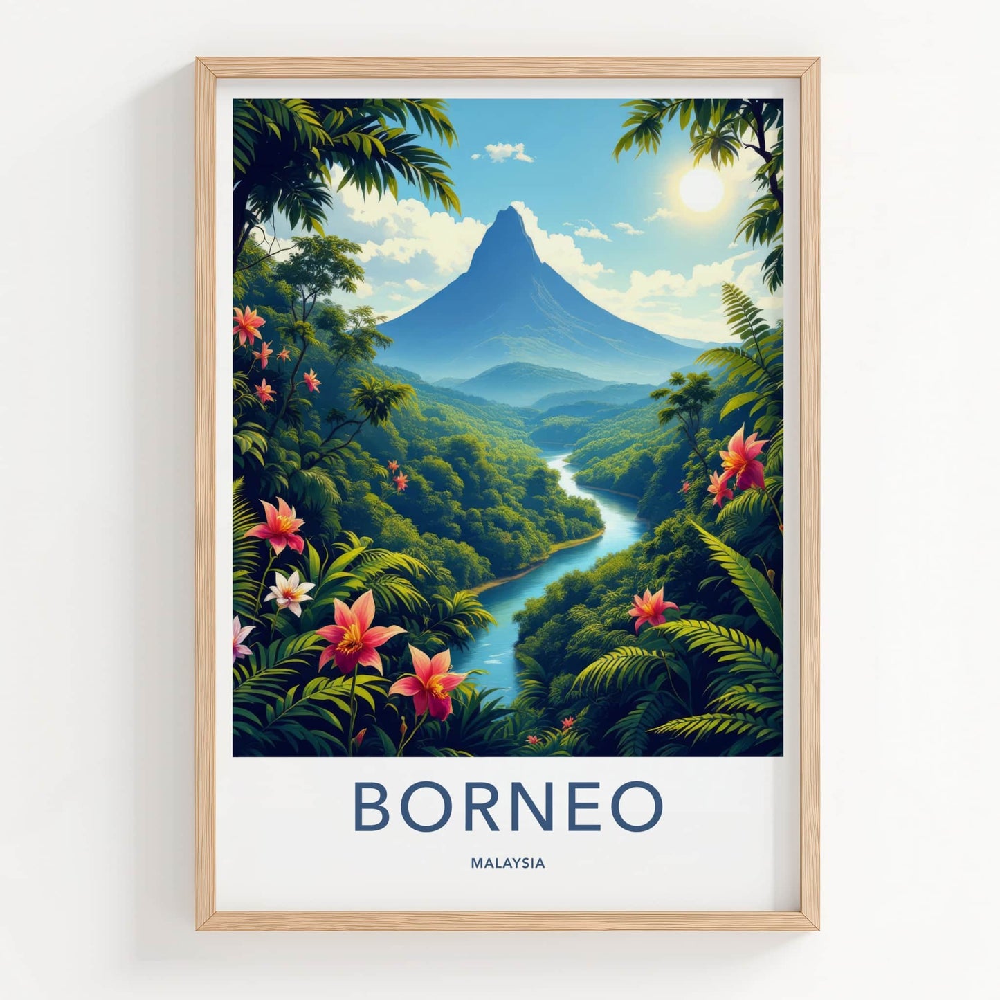 Borneo Poster - Malaysia Travel Art - Majestic Mountain River Home Decor