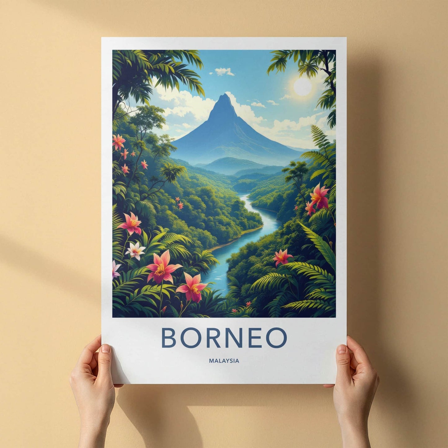 Borneo Poster - Malaysia Travel Art - Majestic Mountain River Home Decor