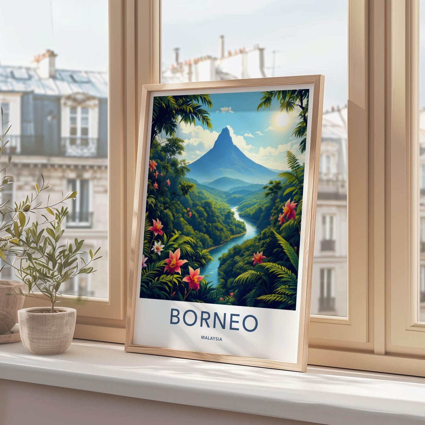 Borneo Poster - Malaysia Travel Art - Majestic Mountain River Home Decor
