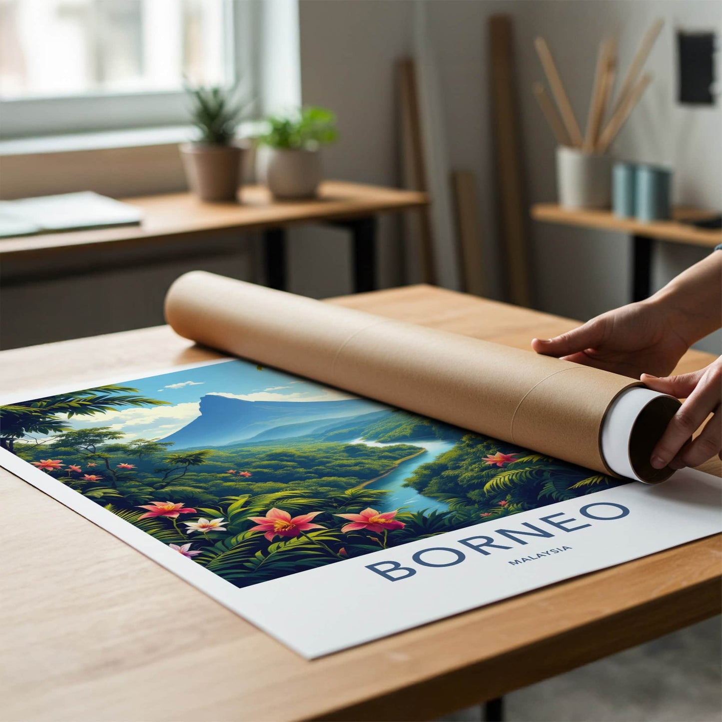 Borneo Poster - Malaysia Travel Art - Majestic Mountain River Home Decor