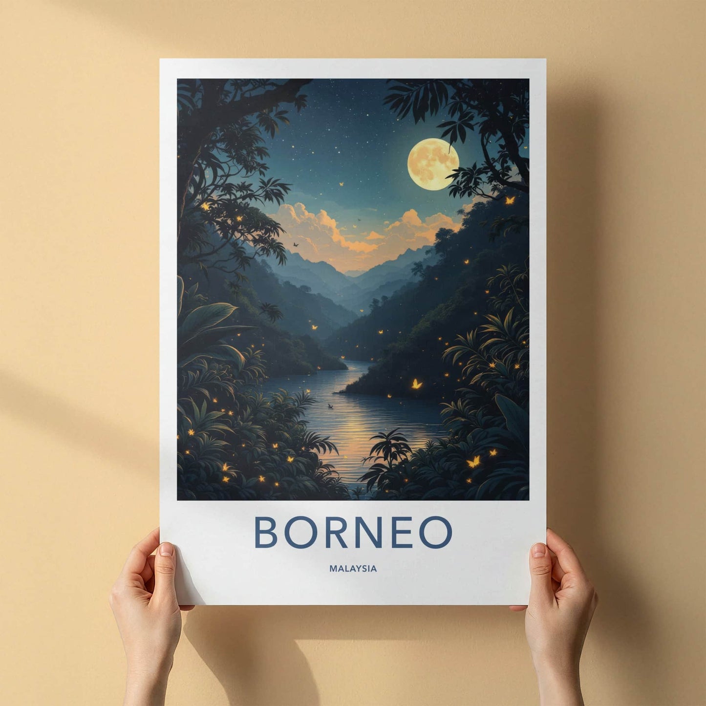 Borneo Poster - Malaysia Travel Art - Moonlit Jungle River Lounge Decor