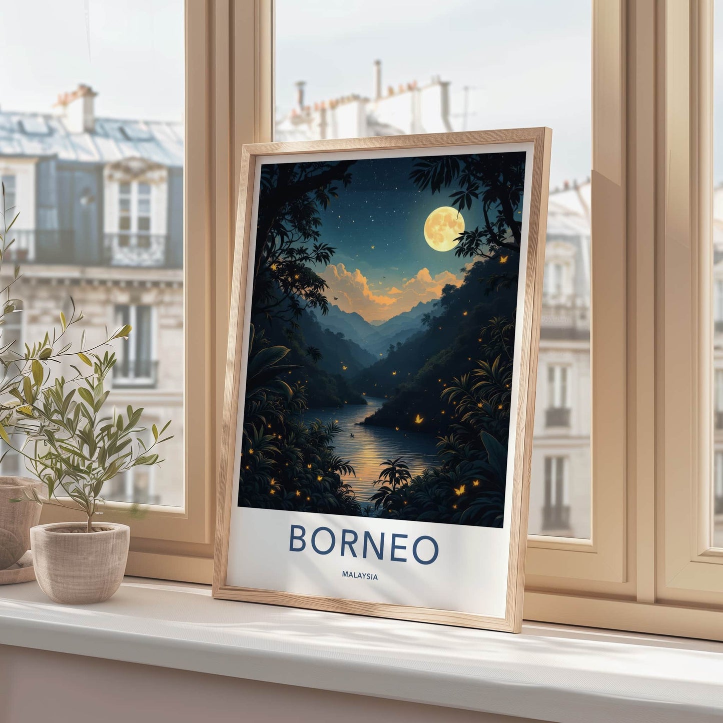 Borneo Poster - Malaysia Travel Art - Moonlit Jungle River Lounge Decor