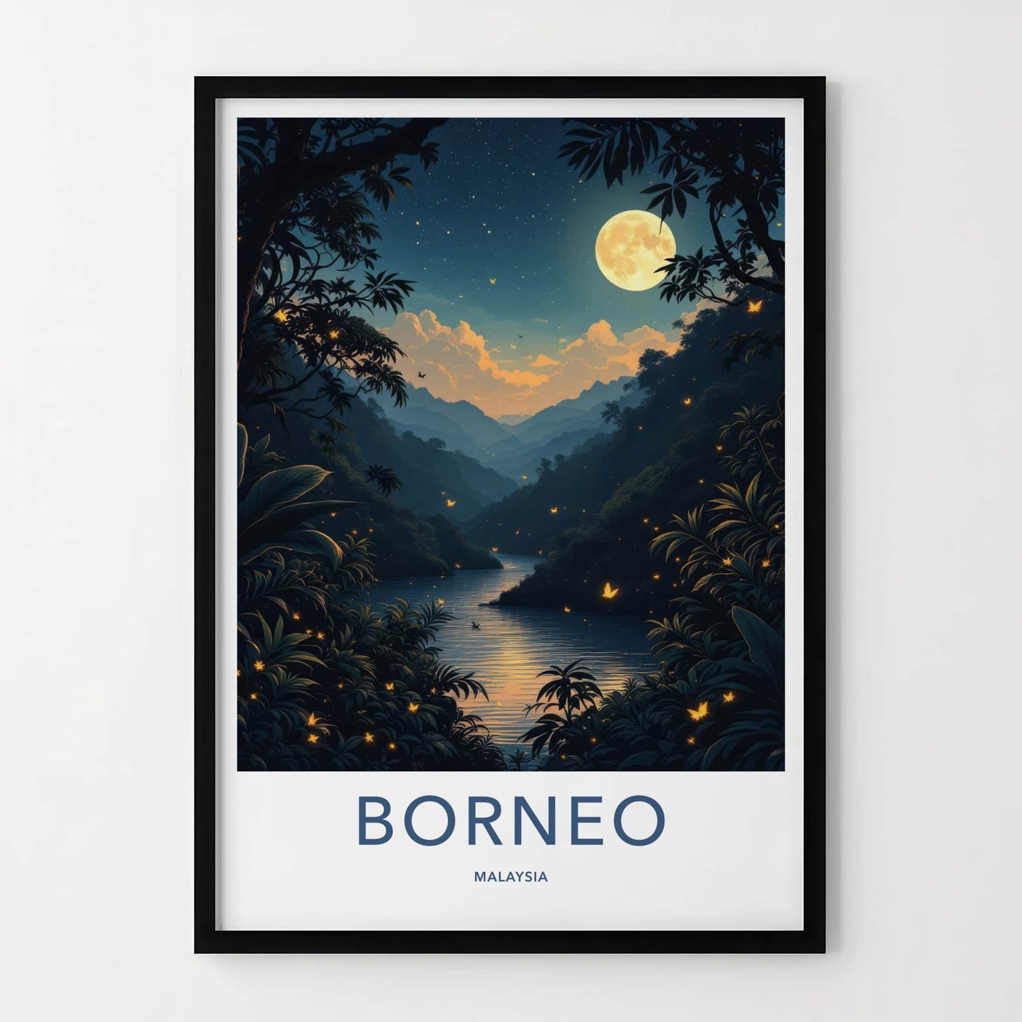 Borneo Poster - Malaysia Travel Art - Moonlit Jungle River Lounge Decor