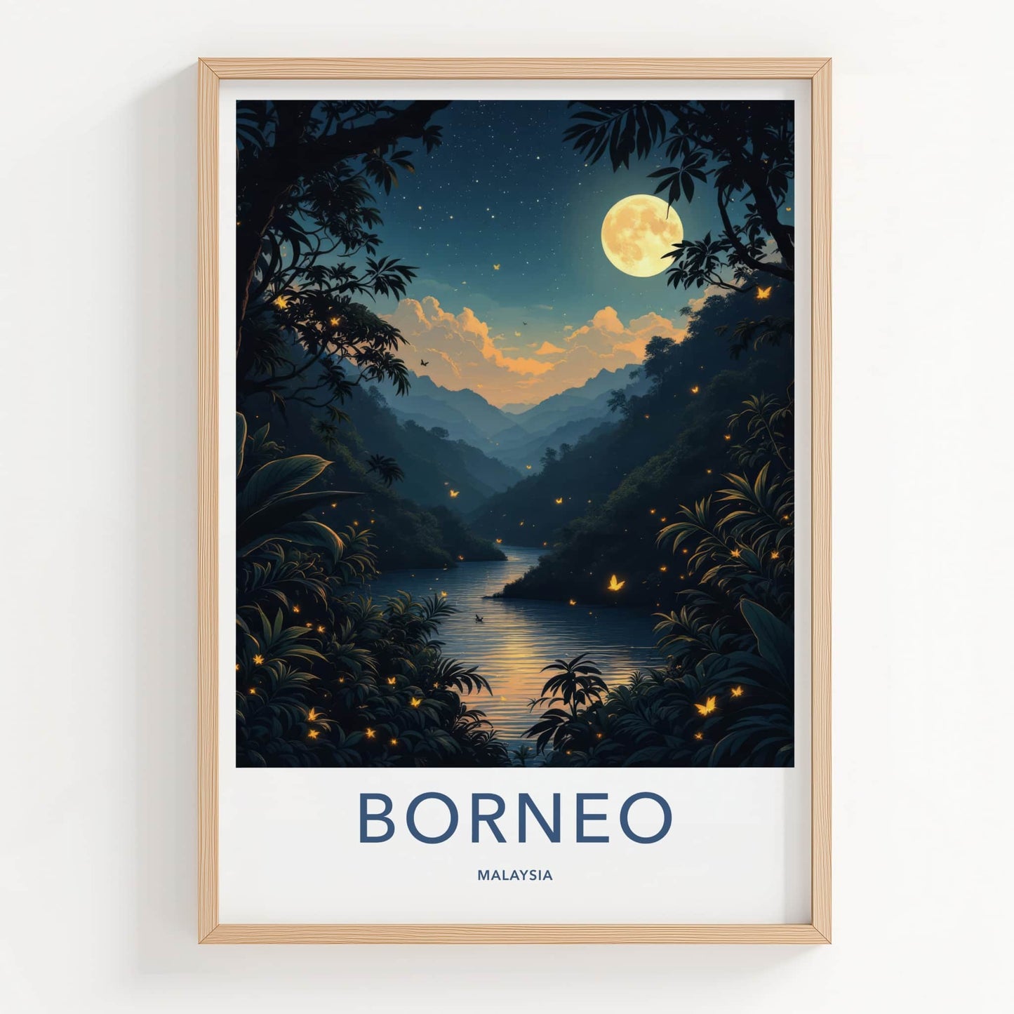 Borneo Poster - Malaysia Travel Art - Moonlit Jungle River Lounge Decor