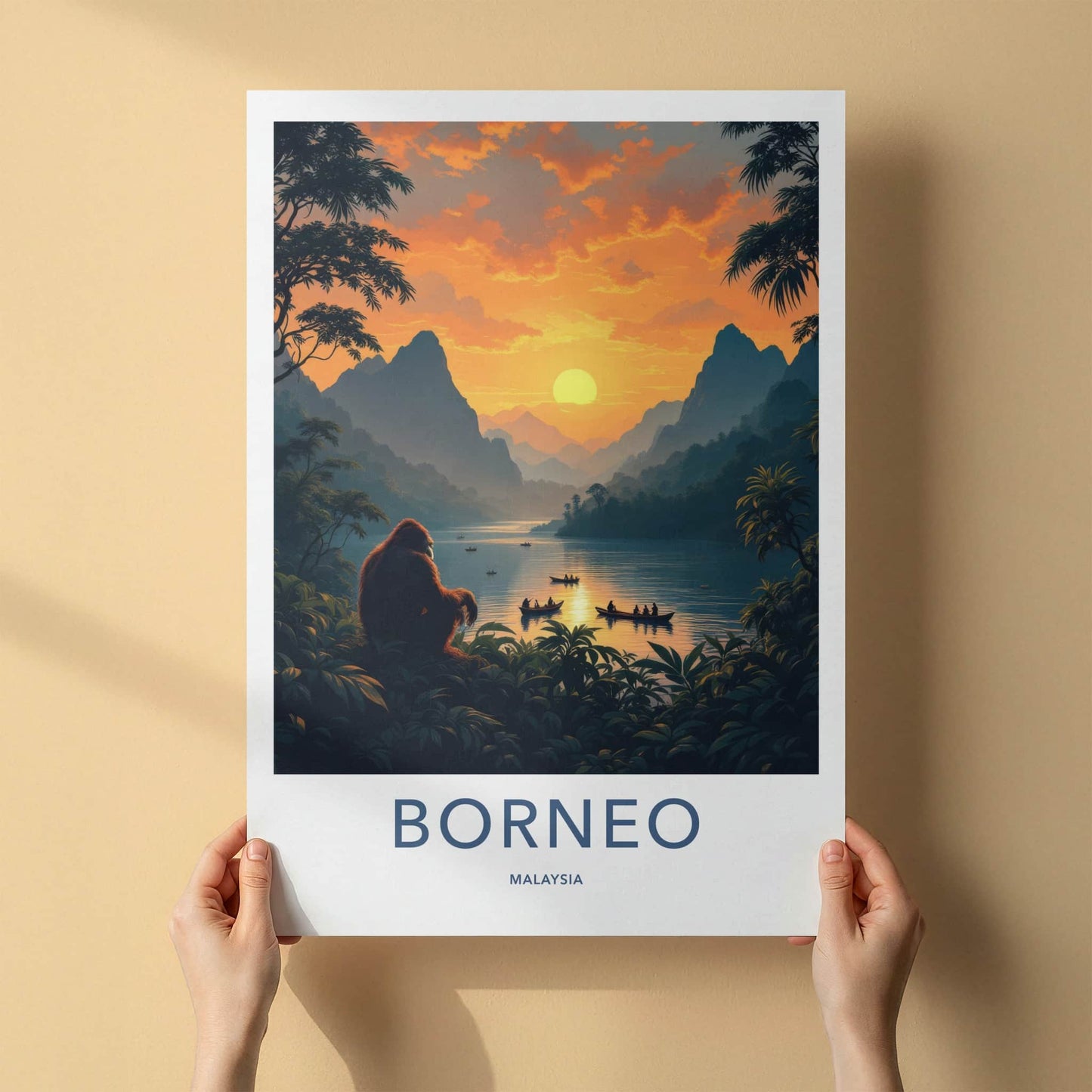 Borneo Poster - Malaysia Travel Art - Orangutan Sunset Lake Home Decor