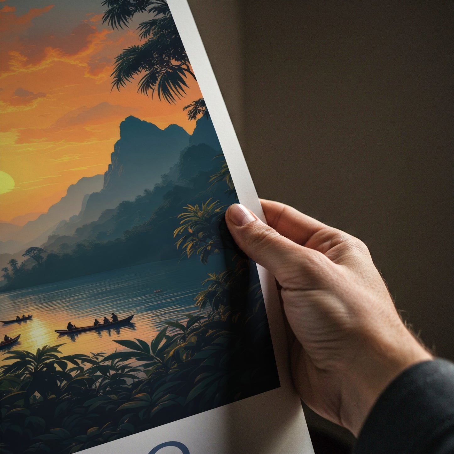 Borneo Poster - Malaysia Travel Art - Orangutan Sunset Lake Home Decor