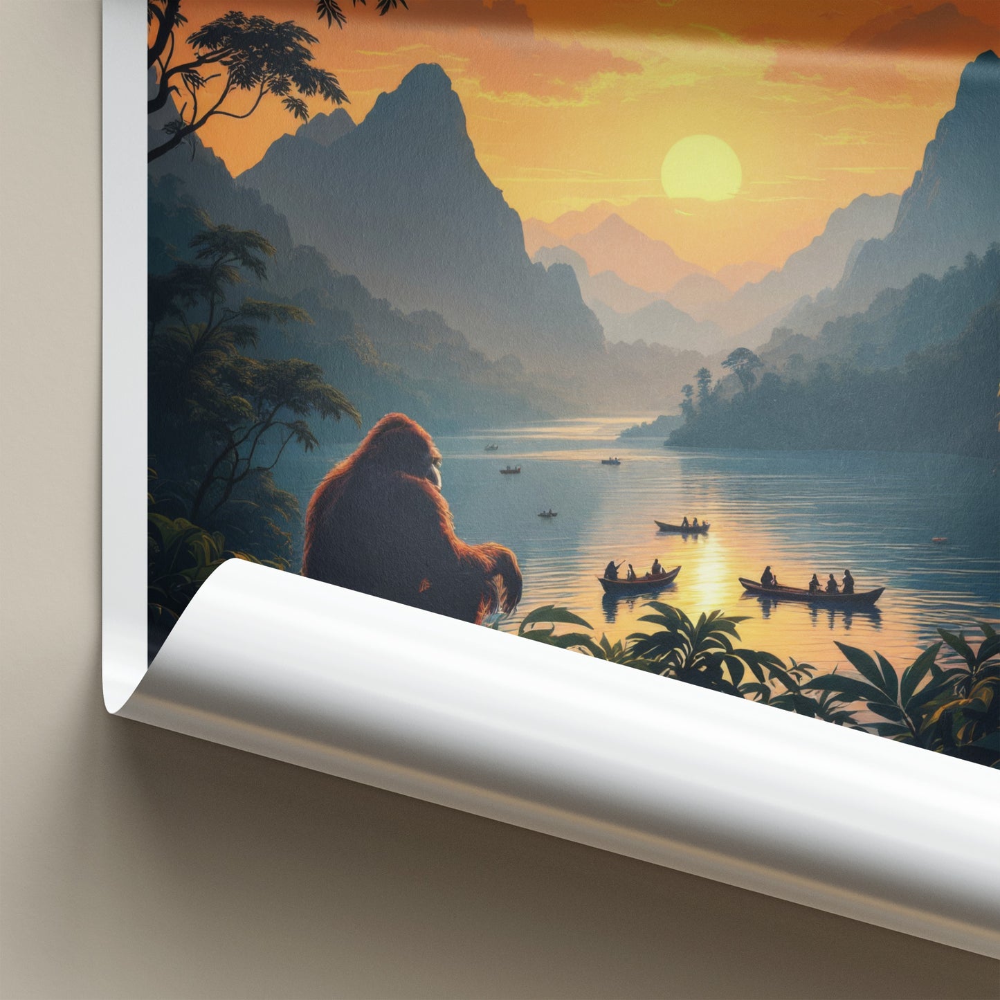 Borneo Poster - Malaysia Travel Art - Orangutan Sunset Lake Home Decor