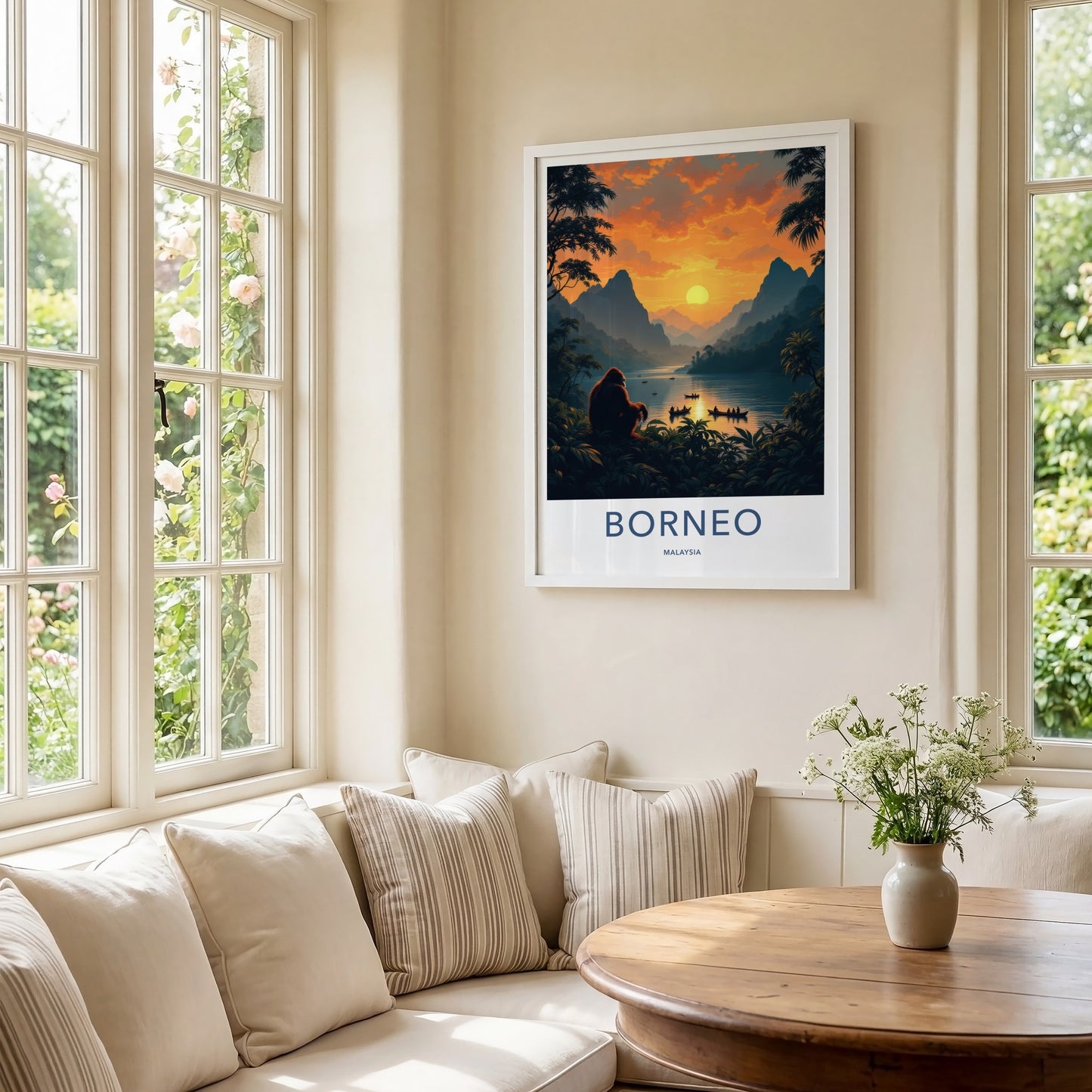 Borneo Poster - Malaysia Travel Art - Orangutan Sunset Lake Home Decor