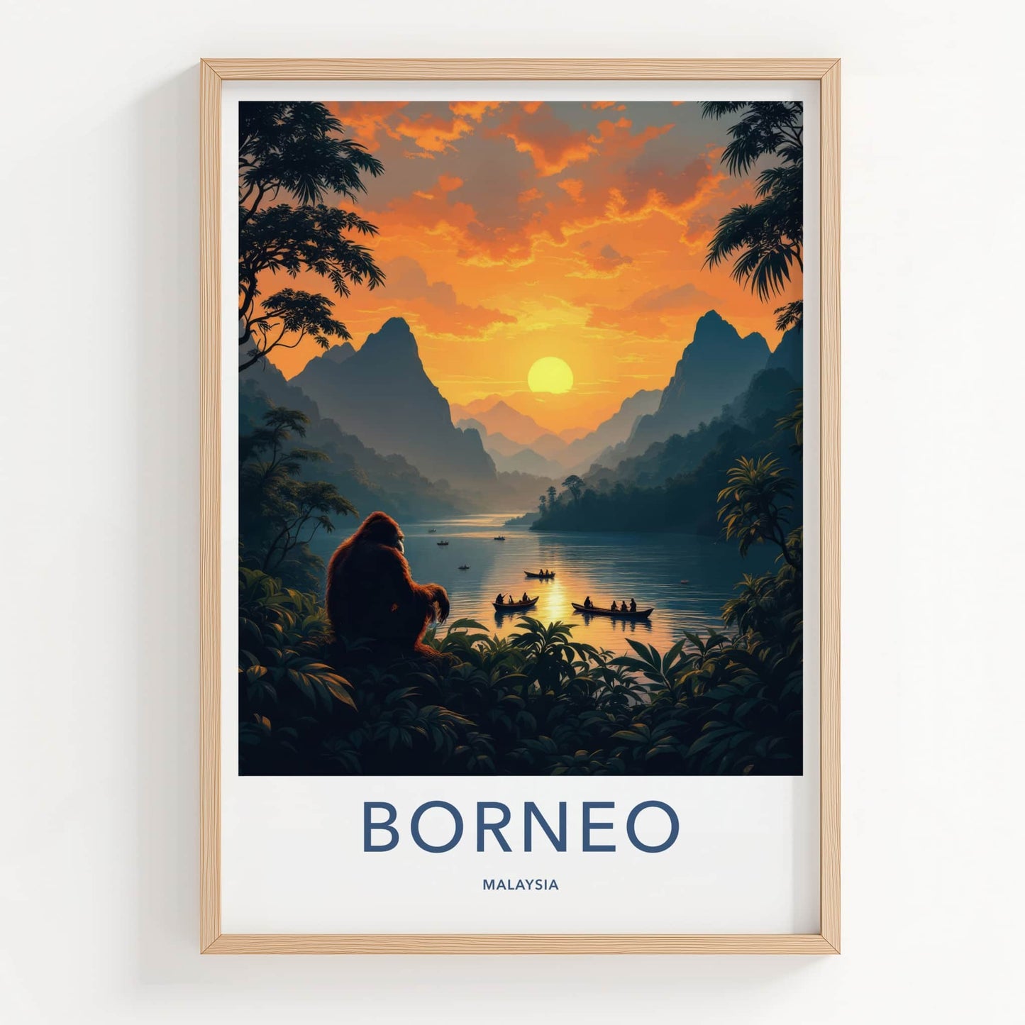 Borneo Poster - Malaysia Travel Art - Orangutan Sunset Lake Home Decor
