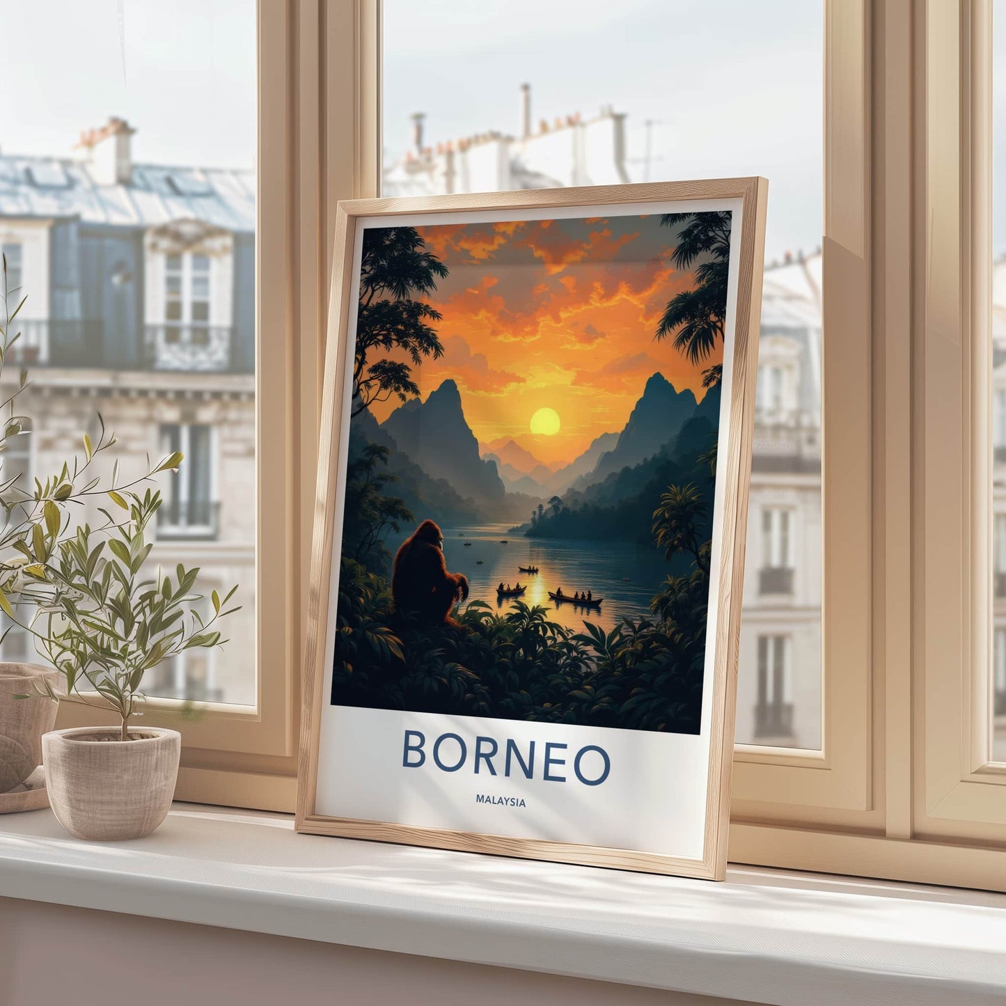 Borneo Poster - Malaysia Travel Art - Orangutan Sunset Lake Home Decor
