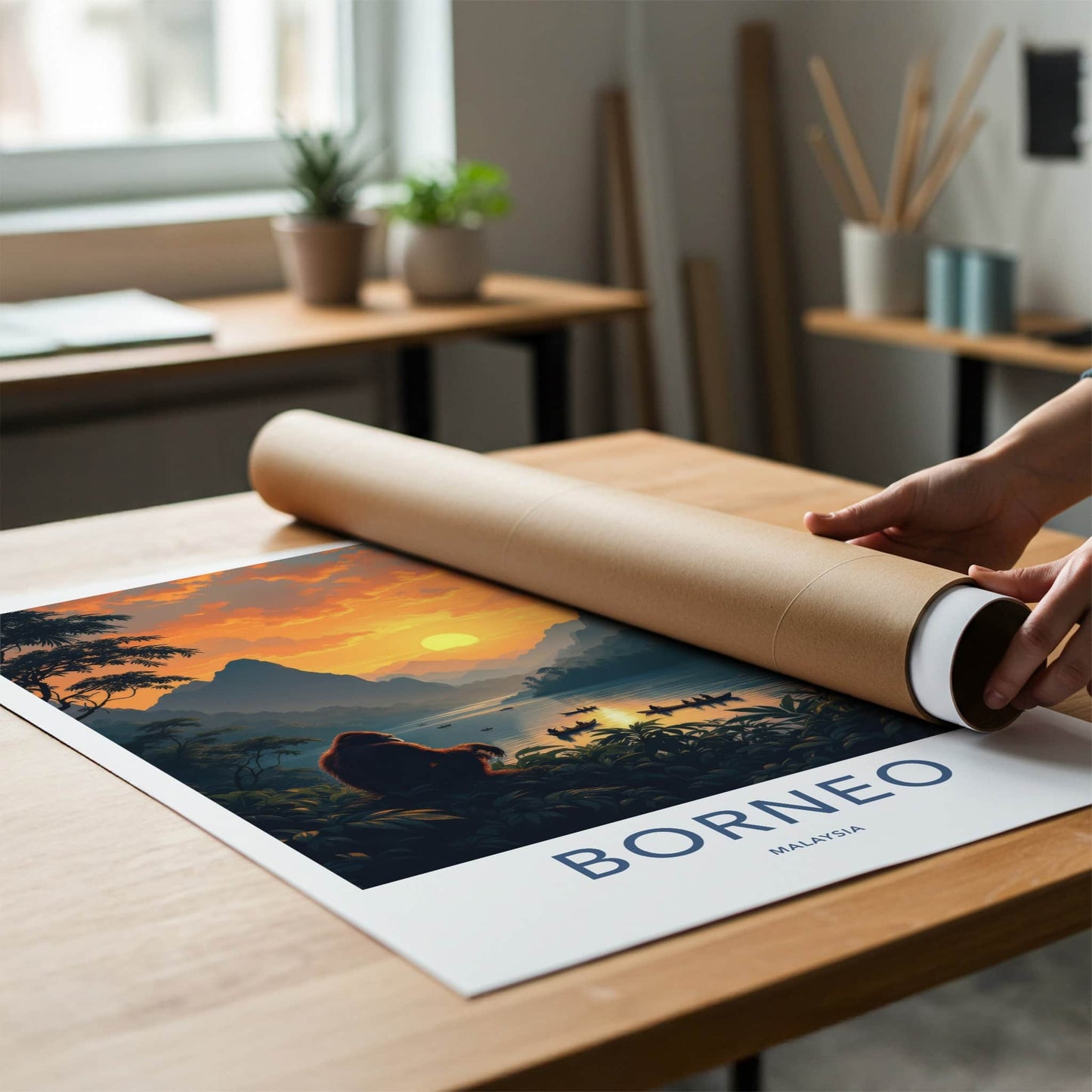 Borneo Poster - Malaysia Travel Art - Orangutan Sunset Lake Home Decor