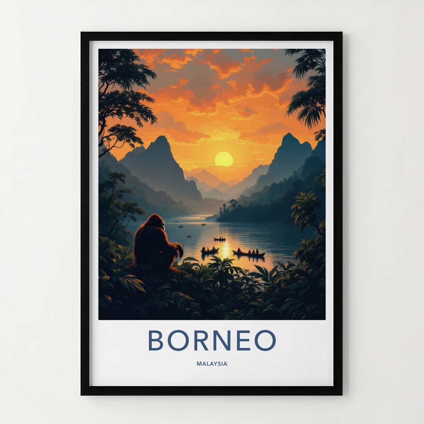 Borneo Poster - Malaysia Travel Art - Orangutan Sunset Lake Home Decor