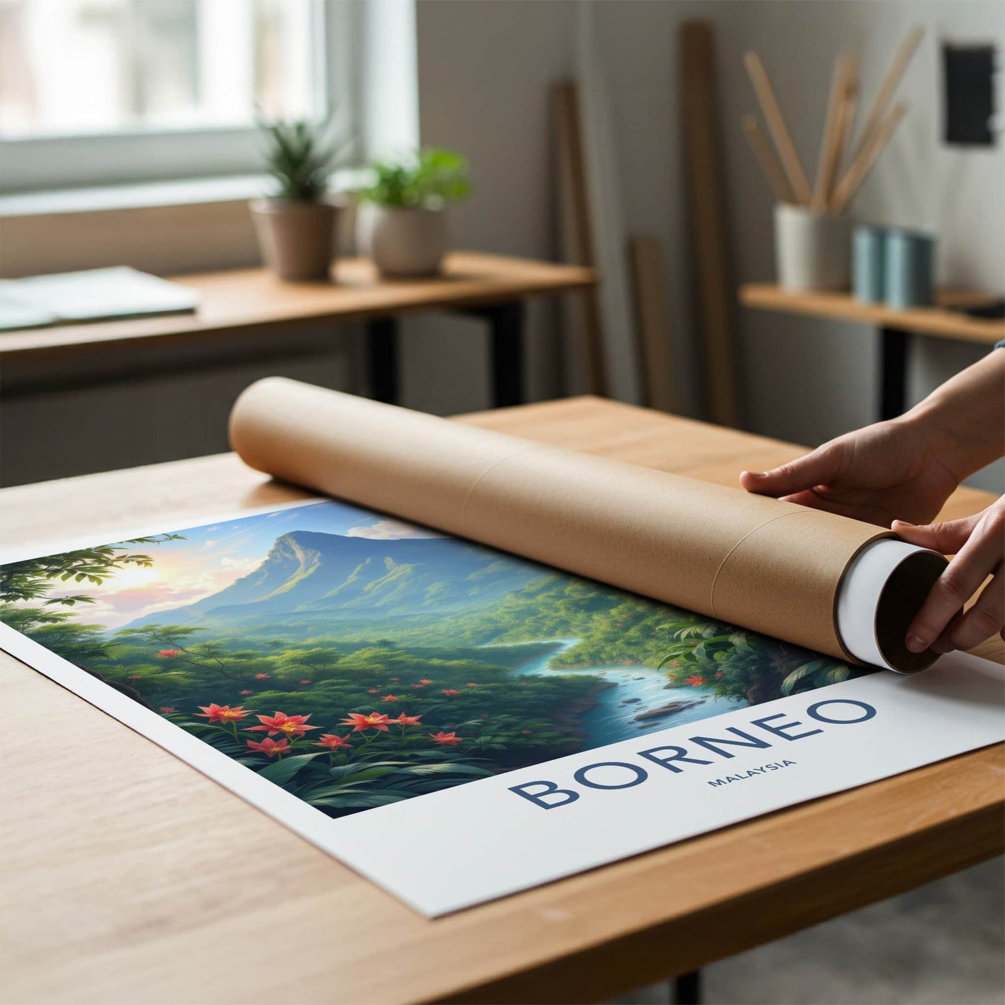 Borneo Poster - Malaysia Travel Art - Sunlit Mountain River Home Decor