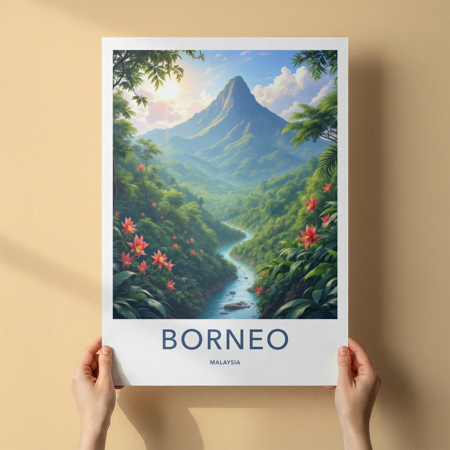Borneo Poster - Malaysia Travel Art - Sunlit Mountain River Home Decor