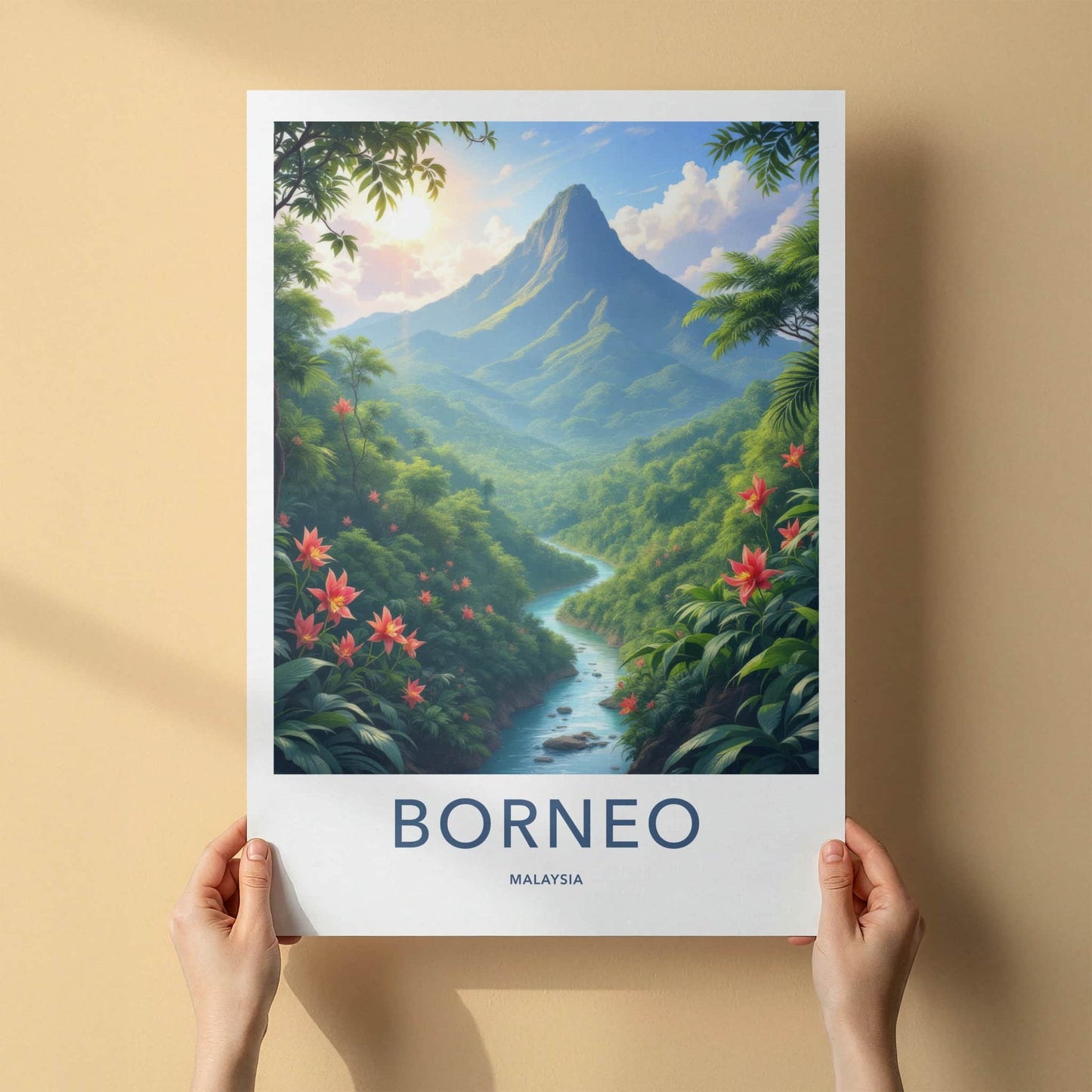Borneo Poster - Malaysia Travel Art - Sunlit Mountain River Home Decor