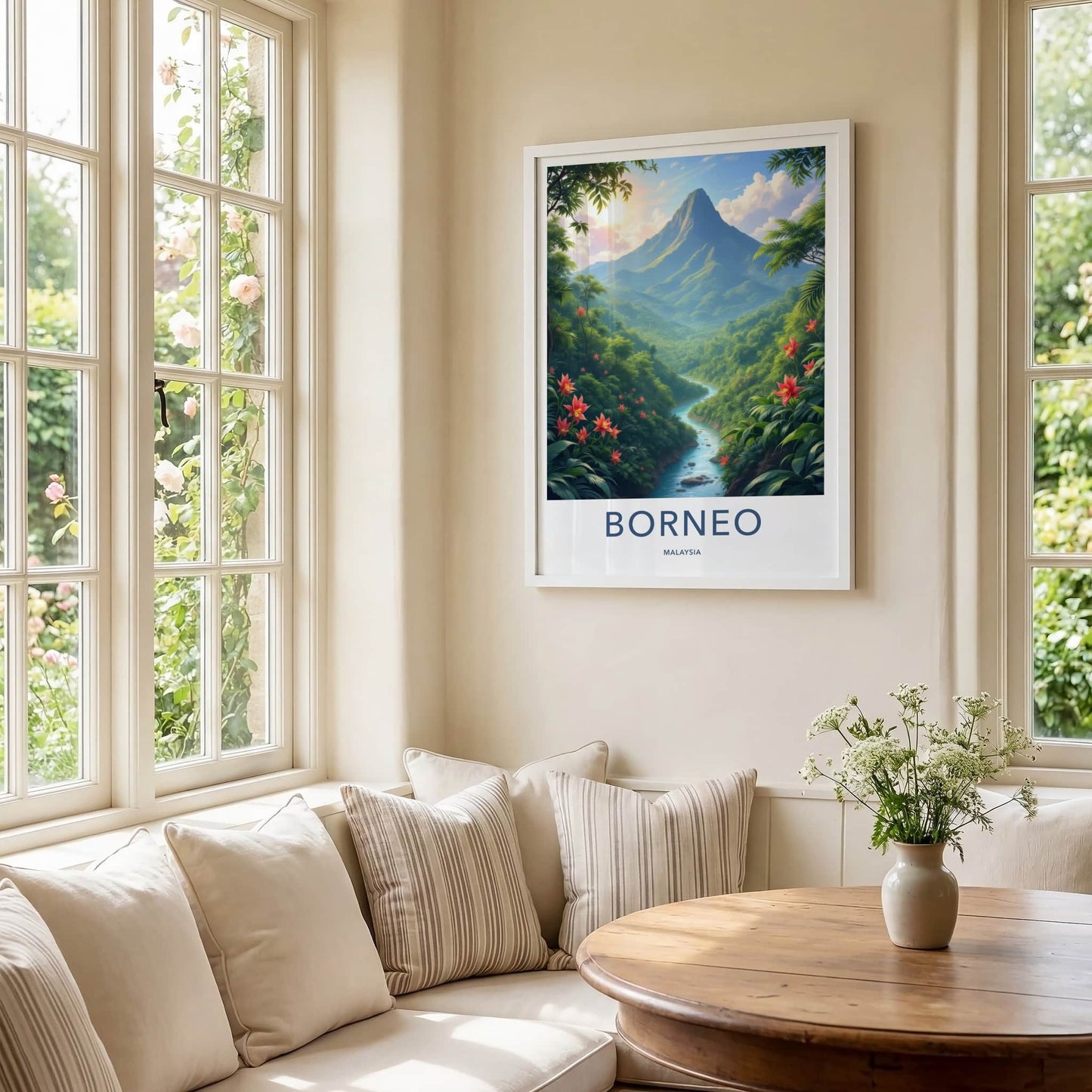 Borneo Poster - Malaysia Travel Art - Sunlit Mountain River Home Decor