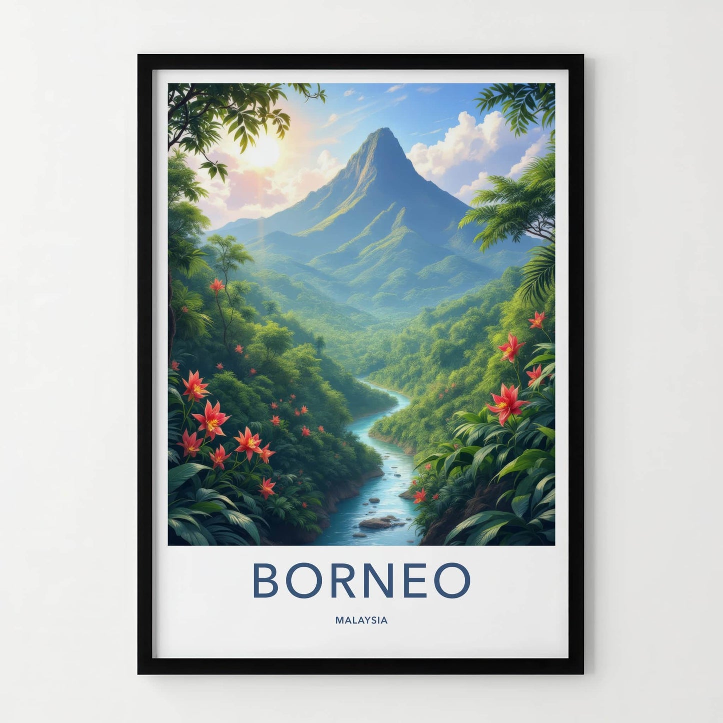 Borneo Poster - Malaysia Travel Art - Sunlit Mountain River Home Decor