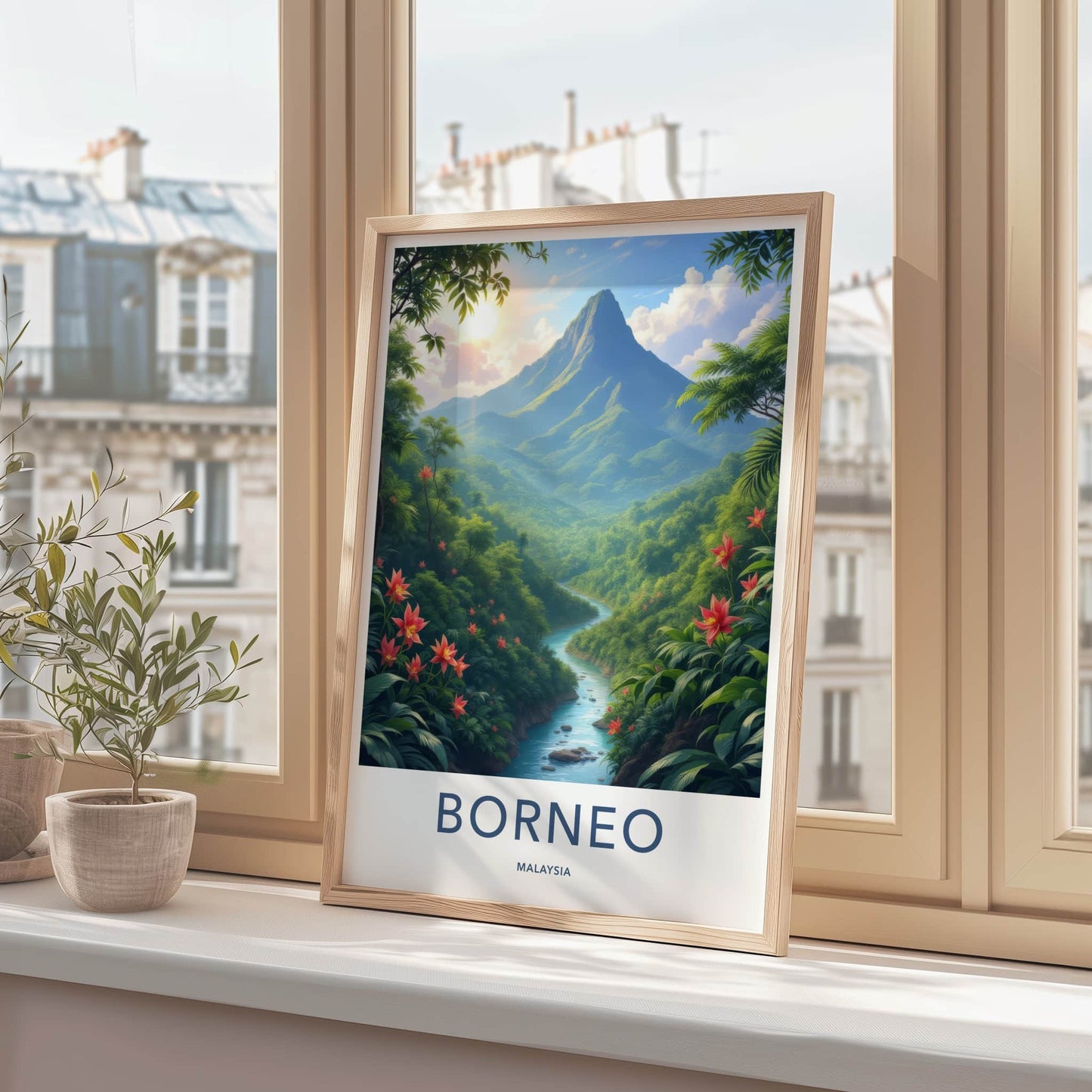Borneo Poster - Malaysia Travel Art - Sunlit Mountain River Home Decor