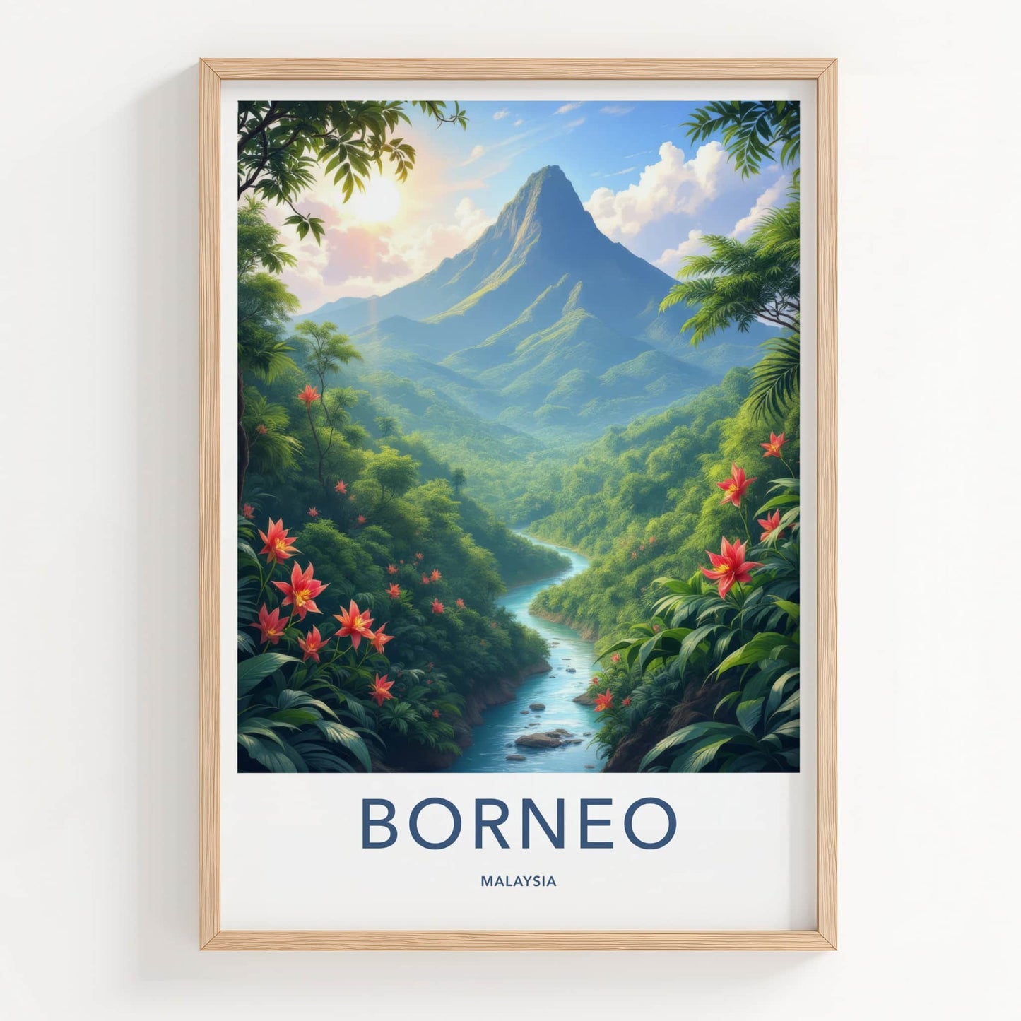 Borneo Poster - Malaysia Travel Art - Sunlit Mountain River Home Decor